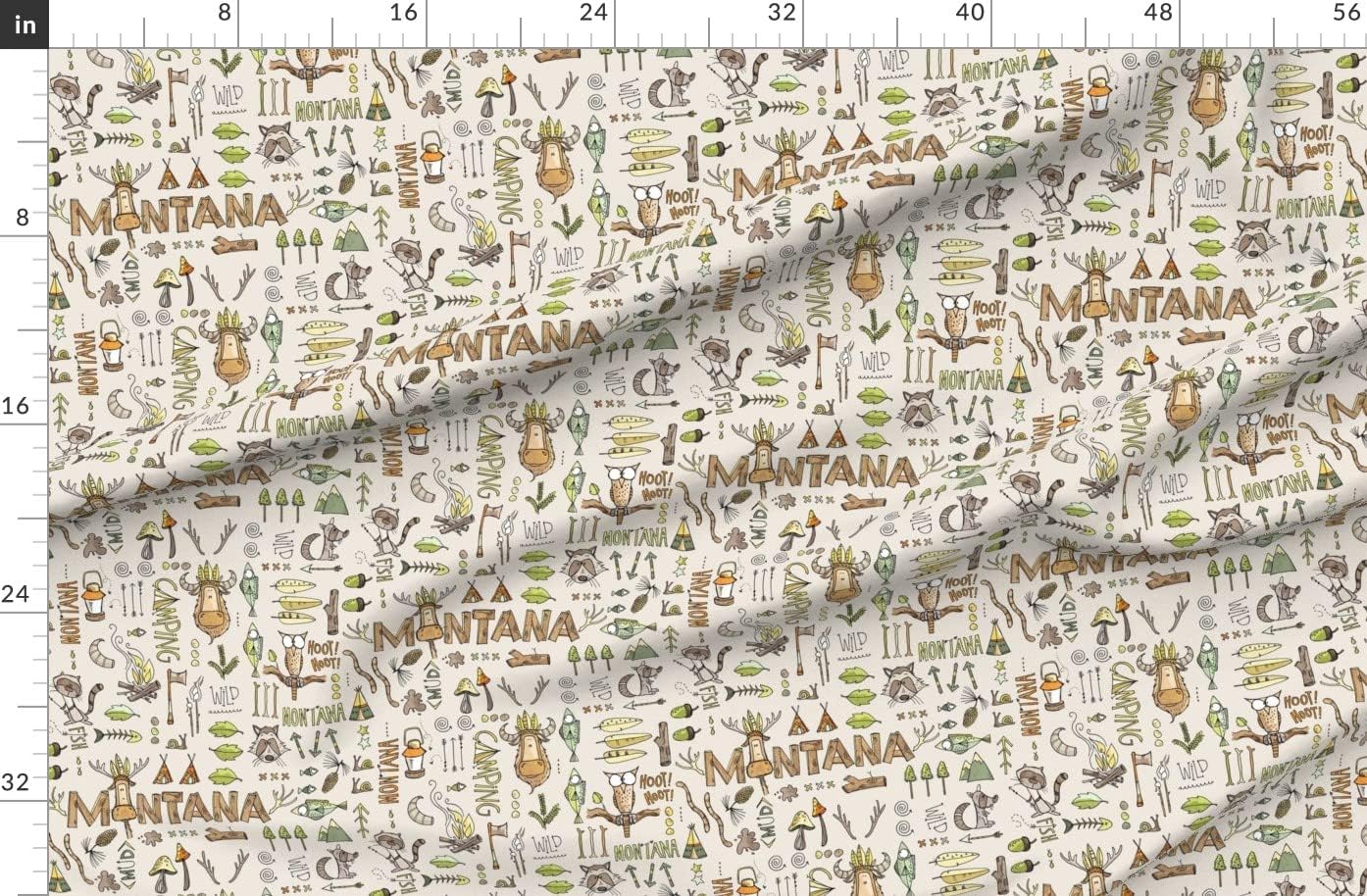 Spoonflower Fabric - Boys Beige Adventure Moose Camping Fishing Printed on Organic Cotton Sateen Fabric by The Yard - Sewing Quilting Apparel Home Decor