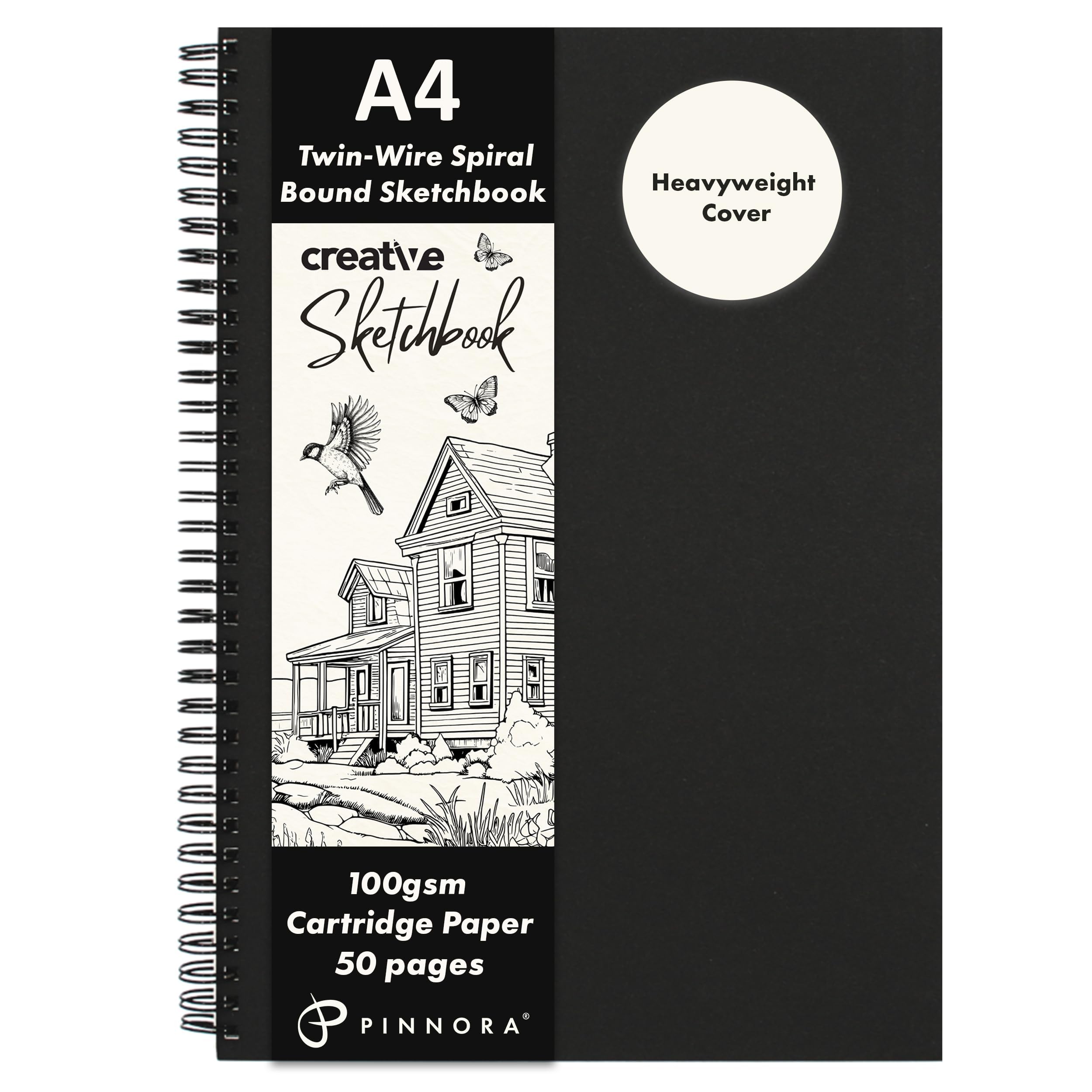 PINNORA Creative A4 Sketchbook (100GSM) - Black Hardcover Sketch Book with Thick Cartridge Paper | Twin-Wire Spiral Bound Sketch Pad, A4 Drawing Pad for Sketching - Art Book for All Ages (50 Pages)