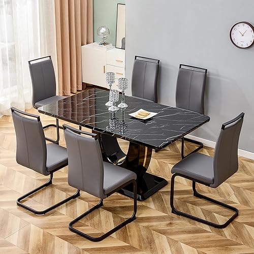 Miniatura 23 de Juego de mesa de comedor para 6, juego de sillas de cocina de 6, juego de comedor moderno con mesa de 63' de mármol y sillas tapizadas de PU para la