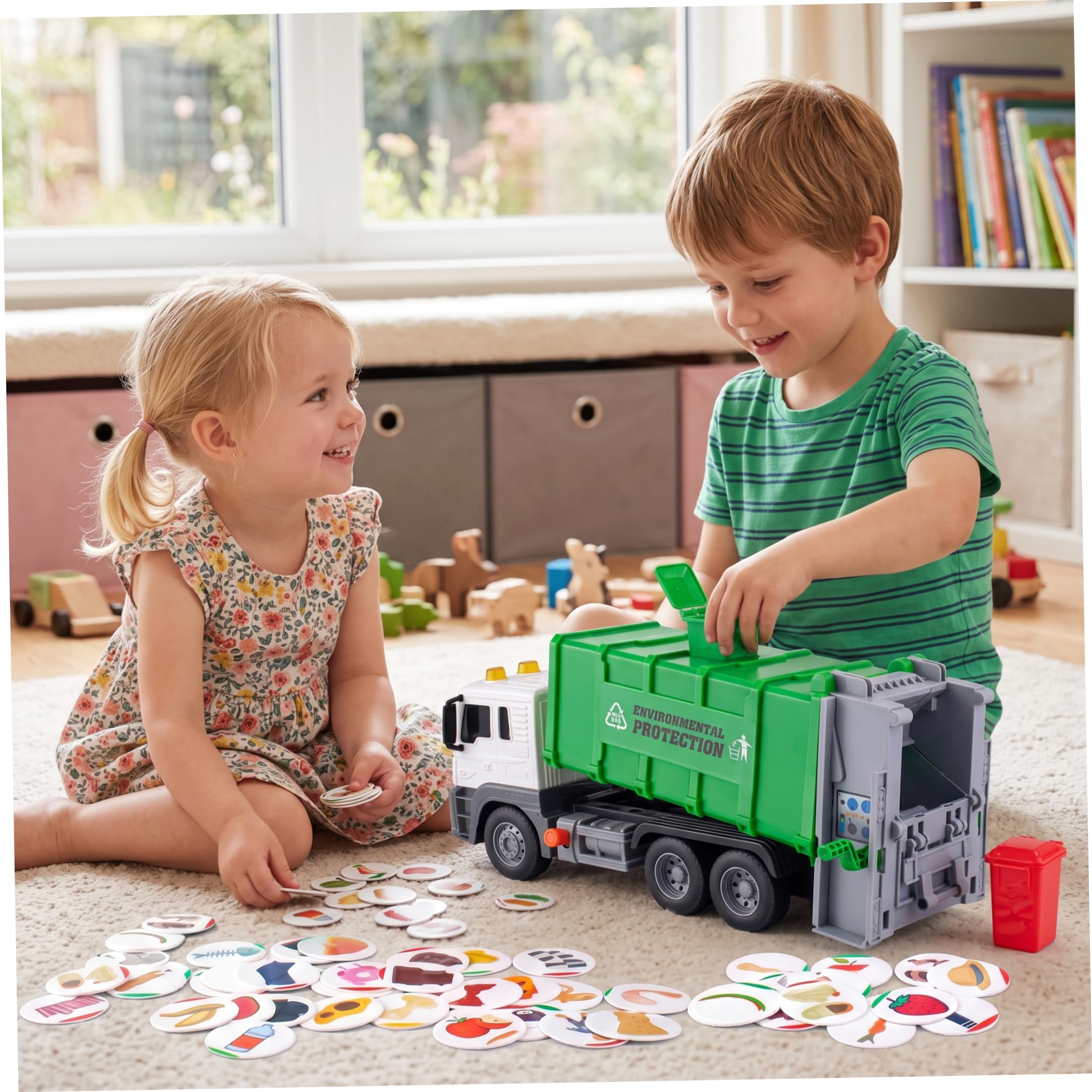 Juguete de camión de Basura con Elevador neumático, Verde, 1 Juego, diversión con Elevador Resistente y accionado por Aire para niños Mayores de 3 años para Aprender a Jugar