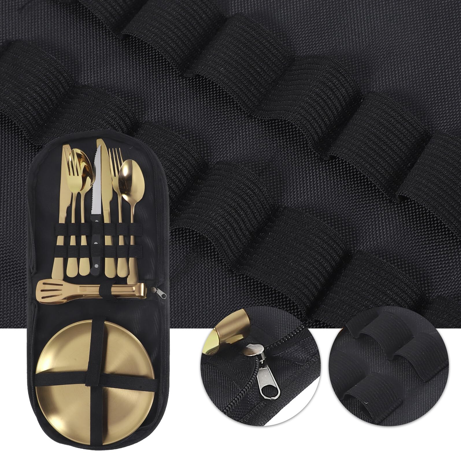 VICASKY Edelstahl Camping Besteckset Gold Reusable Outdoor Cutlery mit Tasche Faltbare Gabeln Robustes Geschirr für Picknick Wandern und Reise Langlebig und Kompakt
