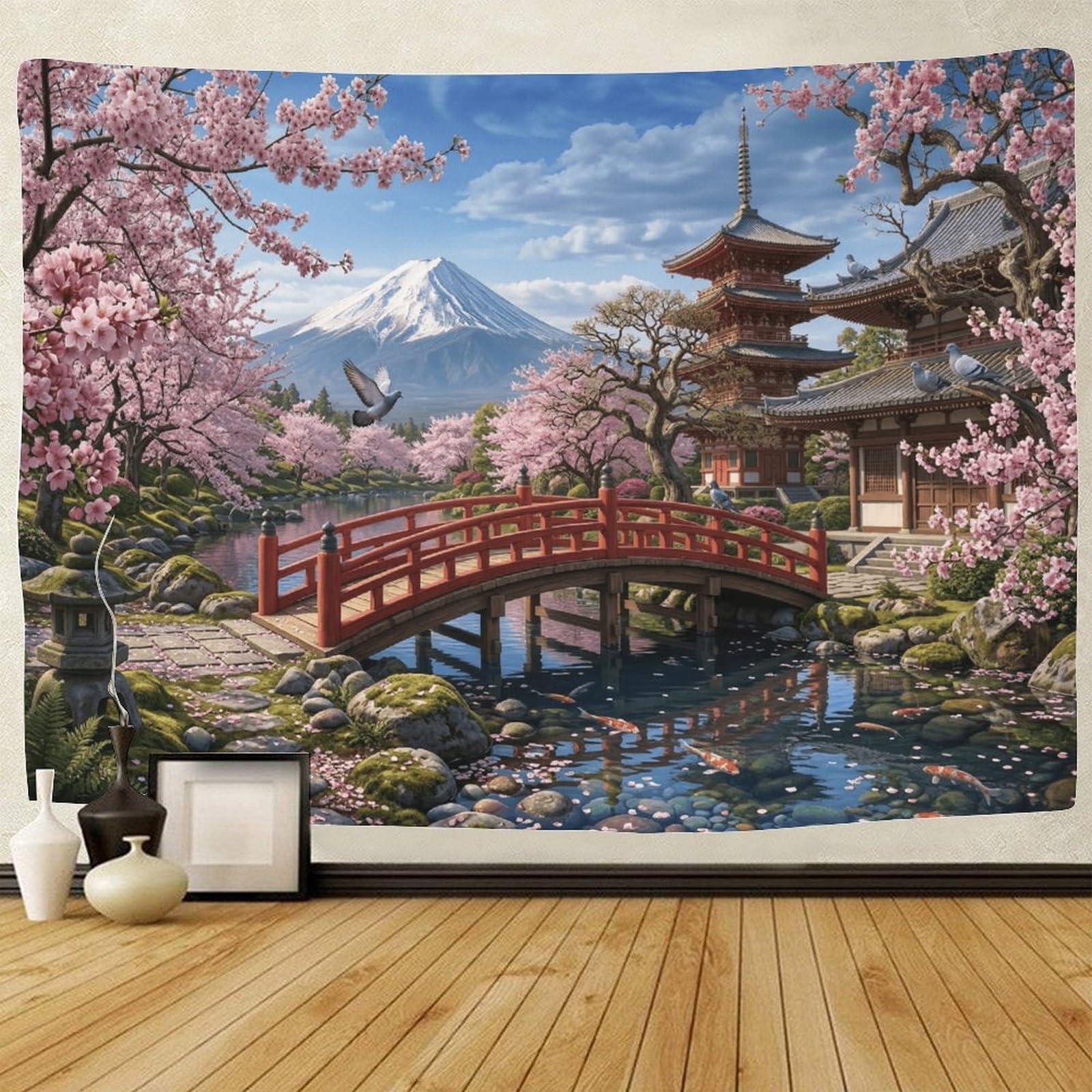 GPMNBCXZK Japanese Mount Fuji Wall Tapestry Bedroom and Home Decor 3D Cherry Blossom Printed Wall Hanging 130cmx150cm