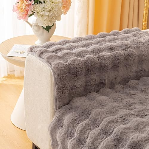 Miniatura 6 de OKYUK Funda de sofá de felpa de conejo, fundas de cojín antideslizantes para sofá, funda de cojín de piel sintética súper suave, fundas de cojín