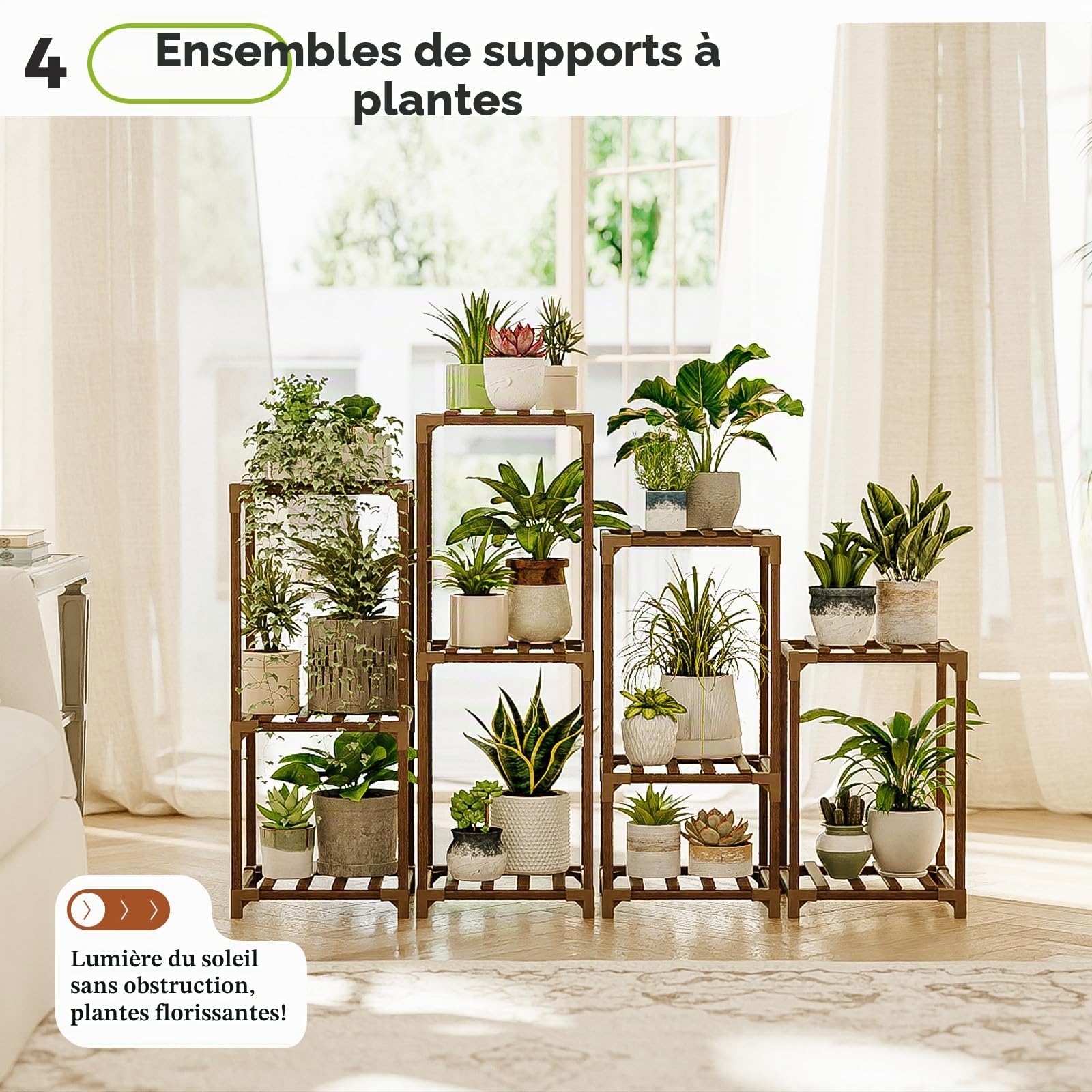 Bamworld Lot de 4 supports pour plantes d'intérieur et d'extérieur pour salon, balcon, jardin