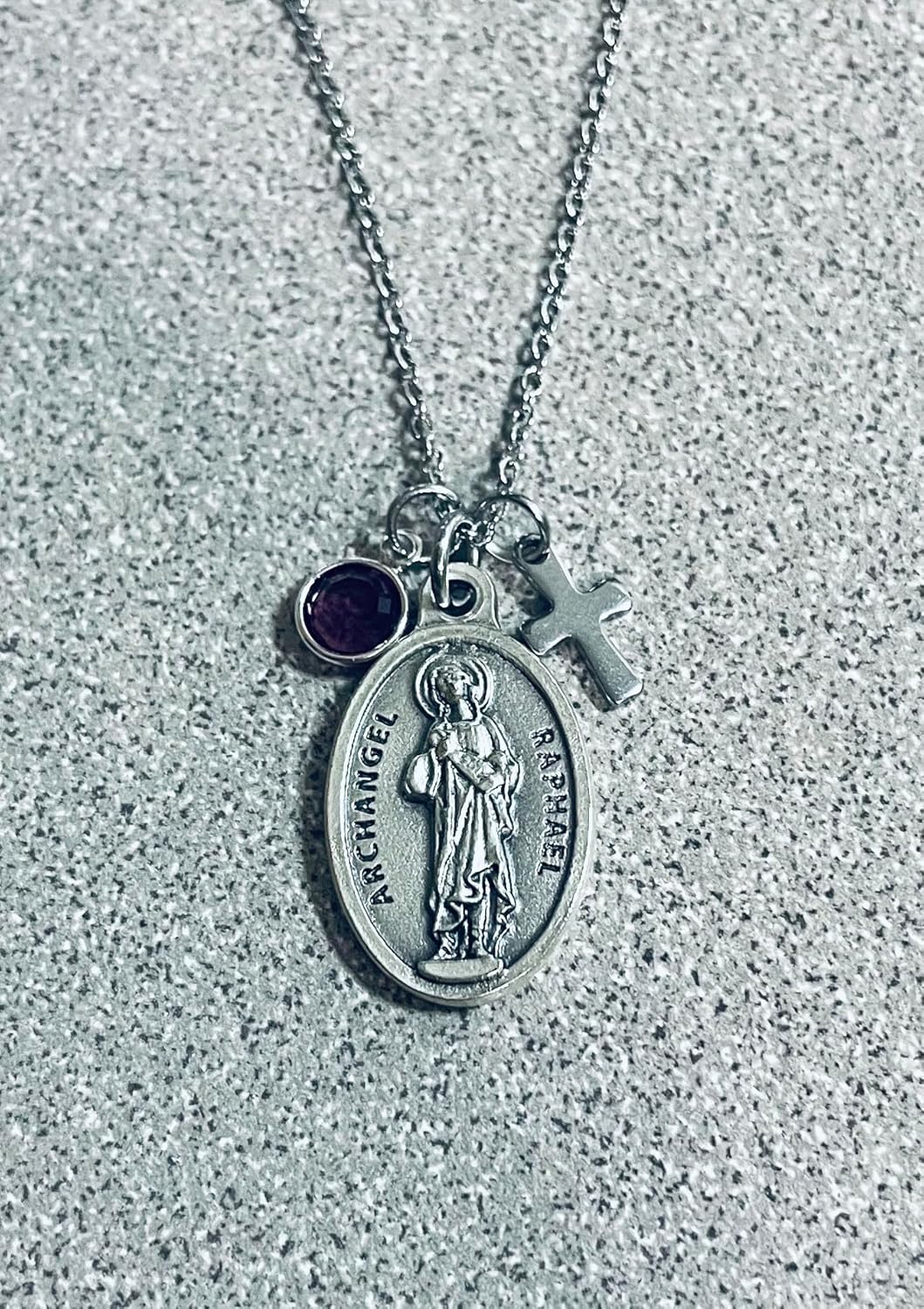 Archangel Raphael Medal Necklace – Saint Raphael Angel of Healing – Religious Jewelry with Cross & Birthstone Charm – Personalized Catholic Necklace with Chain Length Options - Image 3