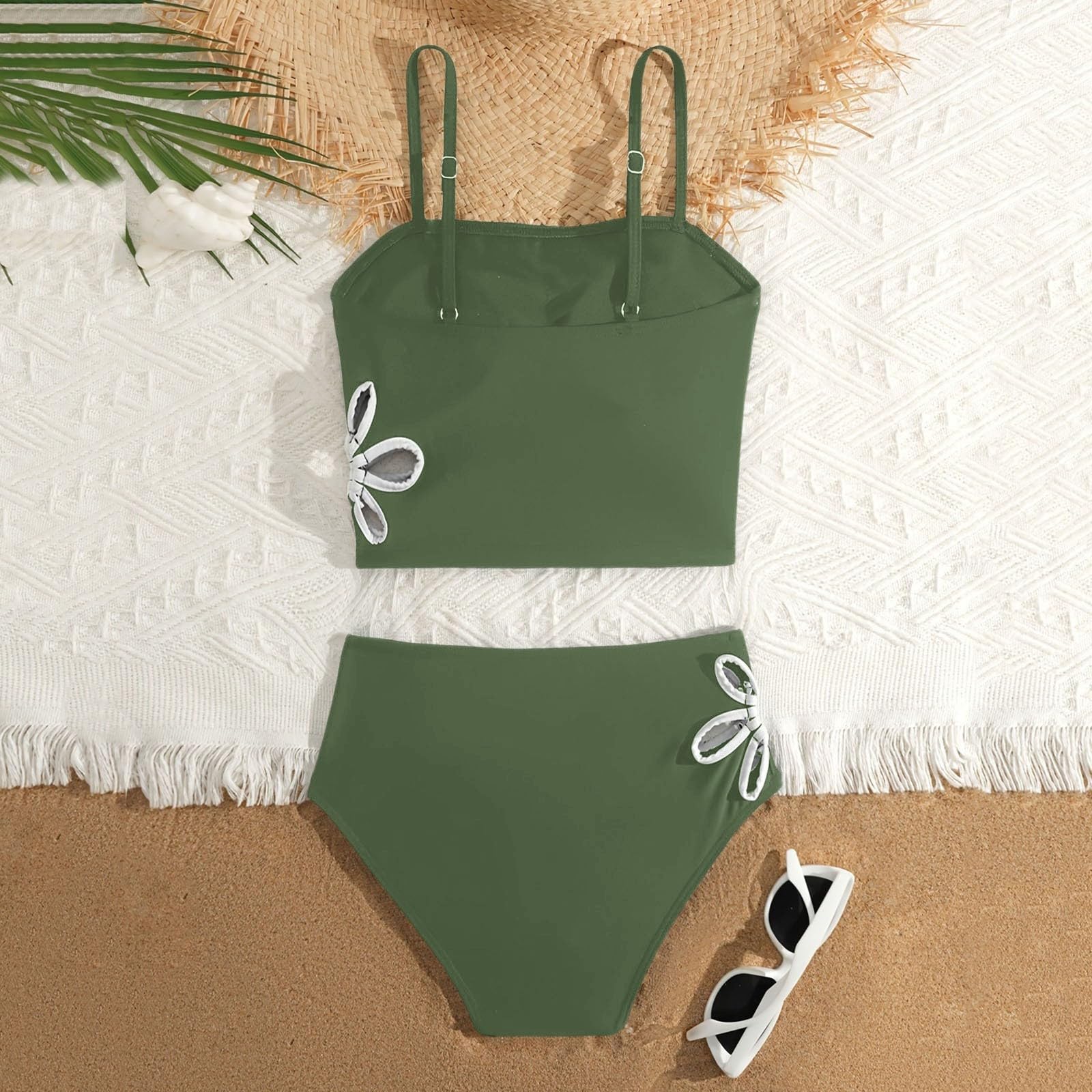 Costume da Bagno Tankini Due Pezzi con Stampa Floreale Laterale per Ragazze, Tinta Unita Estivo