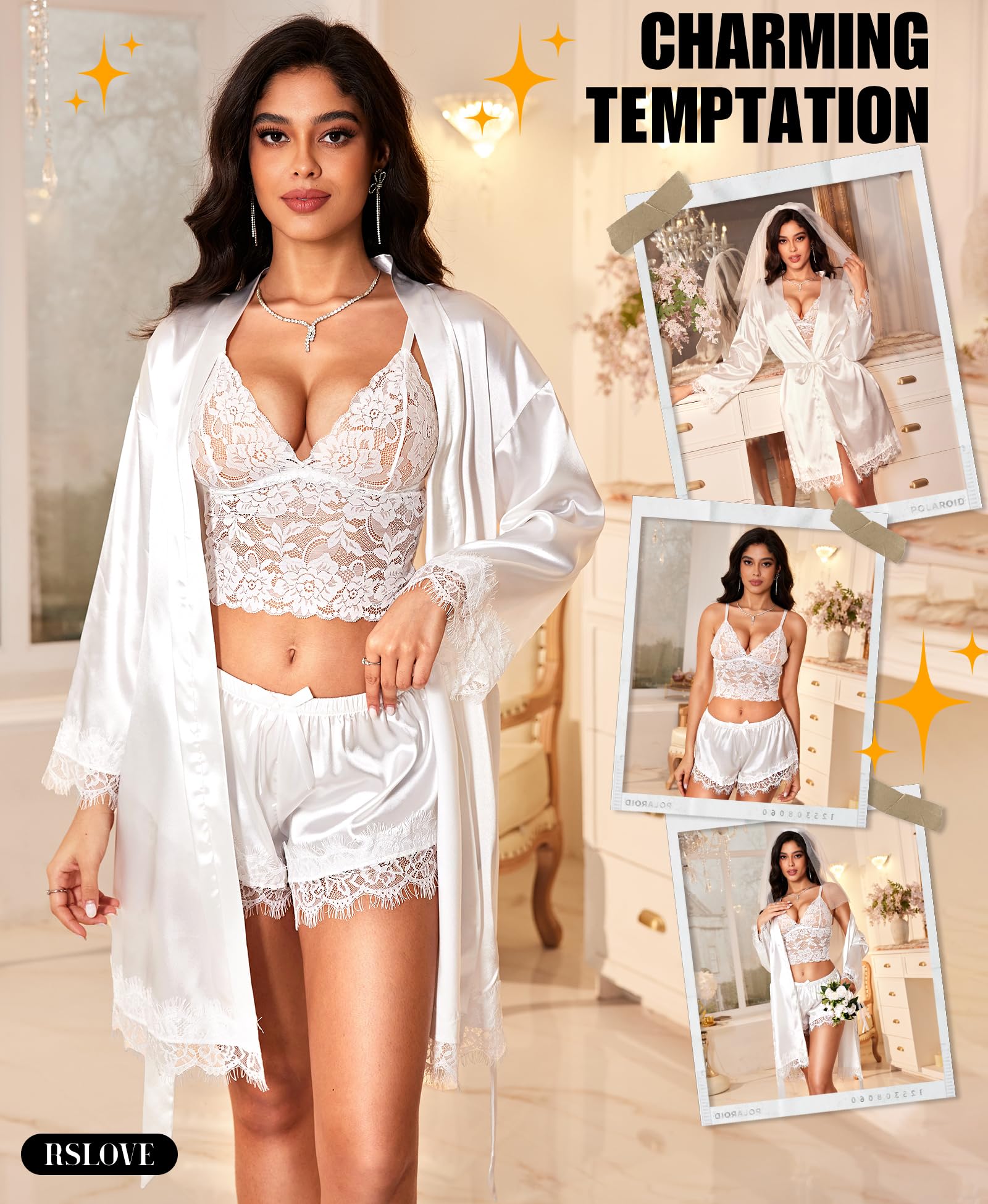 Sexy Dessous-Sets für Damen – Satin-Robe, Nachtwäsche, Seidenrobe, Babydoll, Chemise, Negligees, Nachtwäsche, 3-teilig