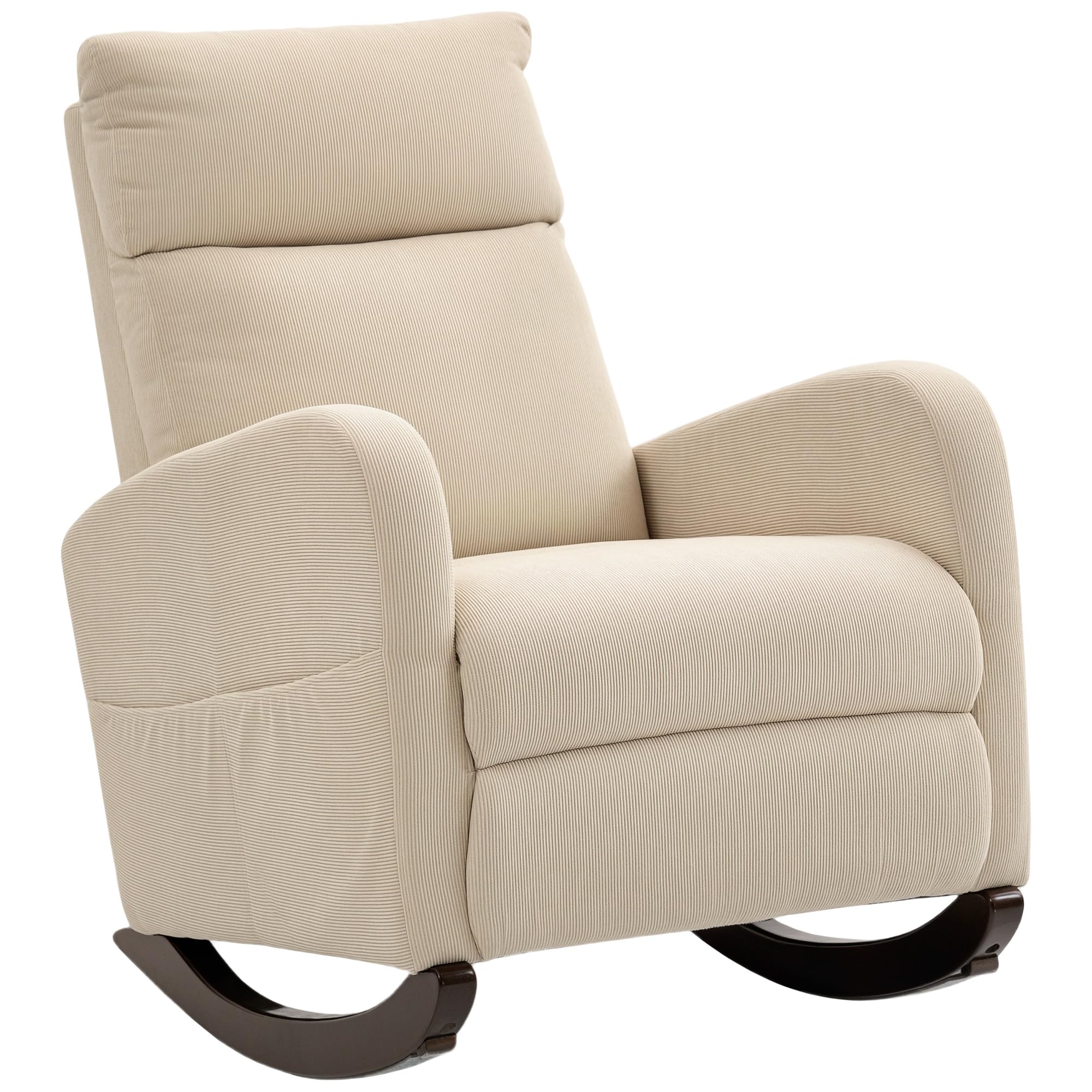 HOMCOM Silla Mecedora, Mecedora de Pana con Respaldo Alto, Patas de Madera de Caucho, Bolsillos, Reposabrazos, Estilo Moderno, Sillón de Lactancia, Carga 120 kg, para Dormitorio, Salón, Beige