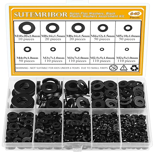 Sutemribor Juego de 640 Piezas de Arandelas Planas de Nylon Negras, M2-M10, Arandelas Métricas y Planas de Nylon