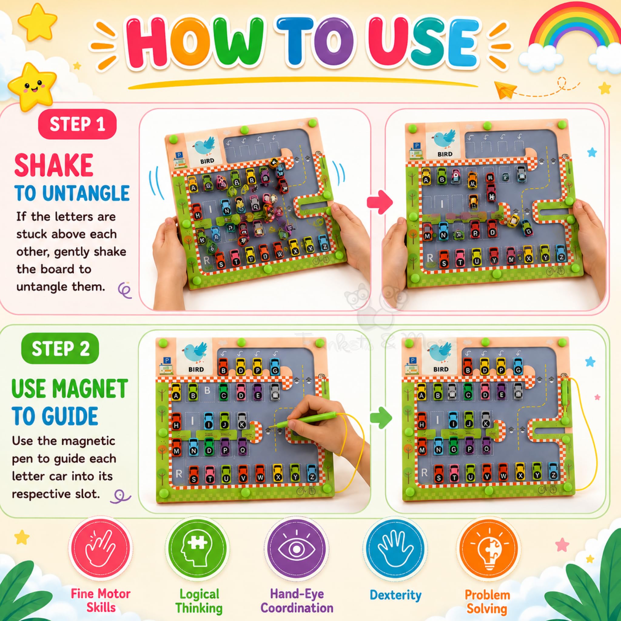 Trinkets & More Montessori Magnetic Number Maze Counting Board for Toddlers Fine Motor Skills Toy with 55 Colourful Beads Learning Puzzle for Kids Ages 2-6 Colour Sorting, Matching (Car Maze) 1