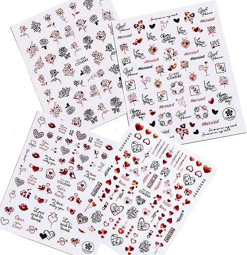 Miniatura 8 de 4 hojas de calcomanías de uñas para el día de San Valentín rosas 3D color rojo francés diseño autoadhesivo calcomanías de arte de uñas para mujer