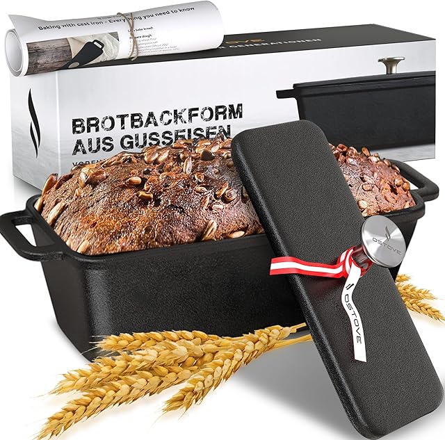 OSTOVE Bread Baking Mould Made of cast Iron with lid, German Size, pre-Seasoned, Includes QuickStart Guide, Multi-Functional loaf tin (Black)