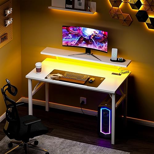 Miniatura 10 de Need Escritorio para computadora de 47.2 pulgadas con luces LED y tomas de corriente, escritorio plegable con estante para monitor, escritorio
