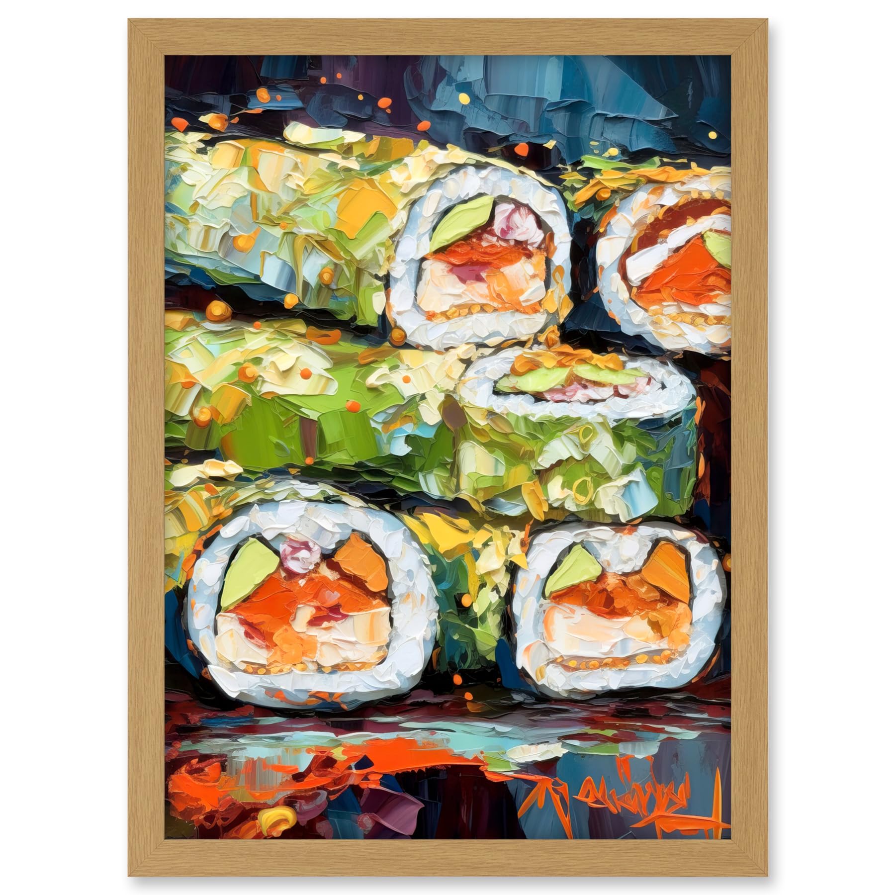 Artery8 Vibrant Japanese Cuisine Sushi Roll Oil Painting Artwork Framed A3 Wall Art Print