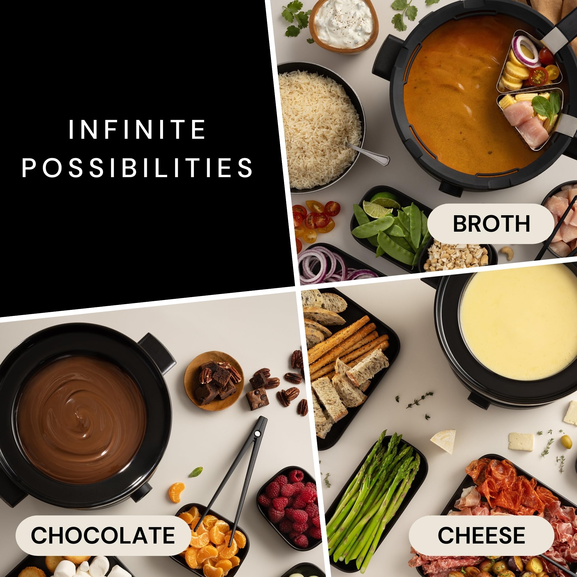 Evolution 3-in-1, Electric Fondue Set for Broth, Cheese & Chocolate. Fondue Pot with Ceramic Double-Boil Bowl, Heat-Resistant Base, Temperature Control, 6 Perforated Baskets &Tongs.
