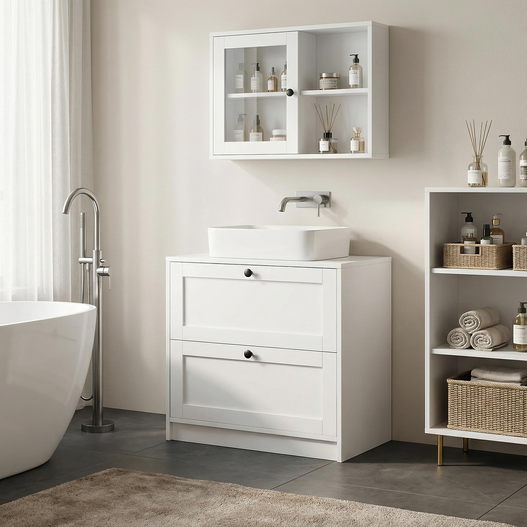 Waschbeckenunterschrank Schubladen, Unterschrank Waschbecken Weiß, Waschbeckenunterschrank 60 cm breit, Badezimmer Unterschrank Waschbecken, 60 x 30 x 60 cm, Weiß