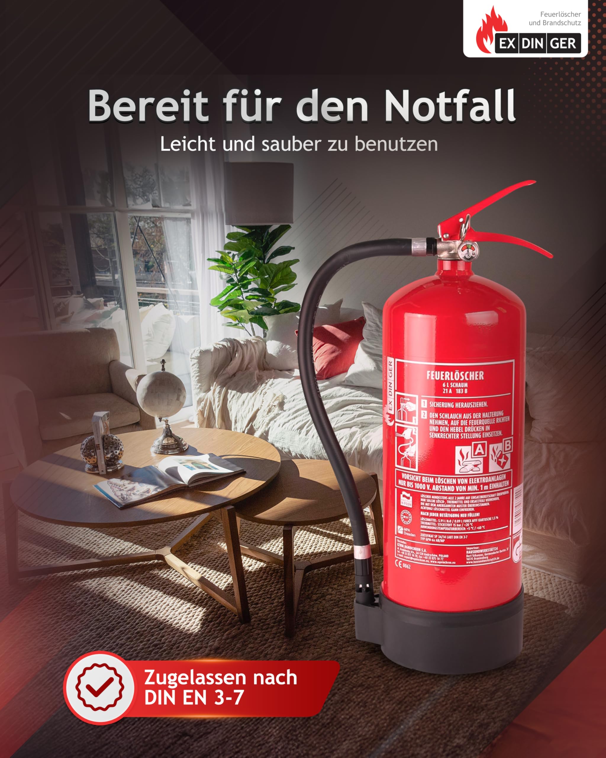HausundWerkstatt24 6l Feuerlöscher Schaum blau 6L AB 6LE mit Halterung Dauerdrucklöscher (GPN-6X Instandhaltungsnachweis