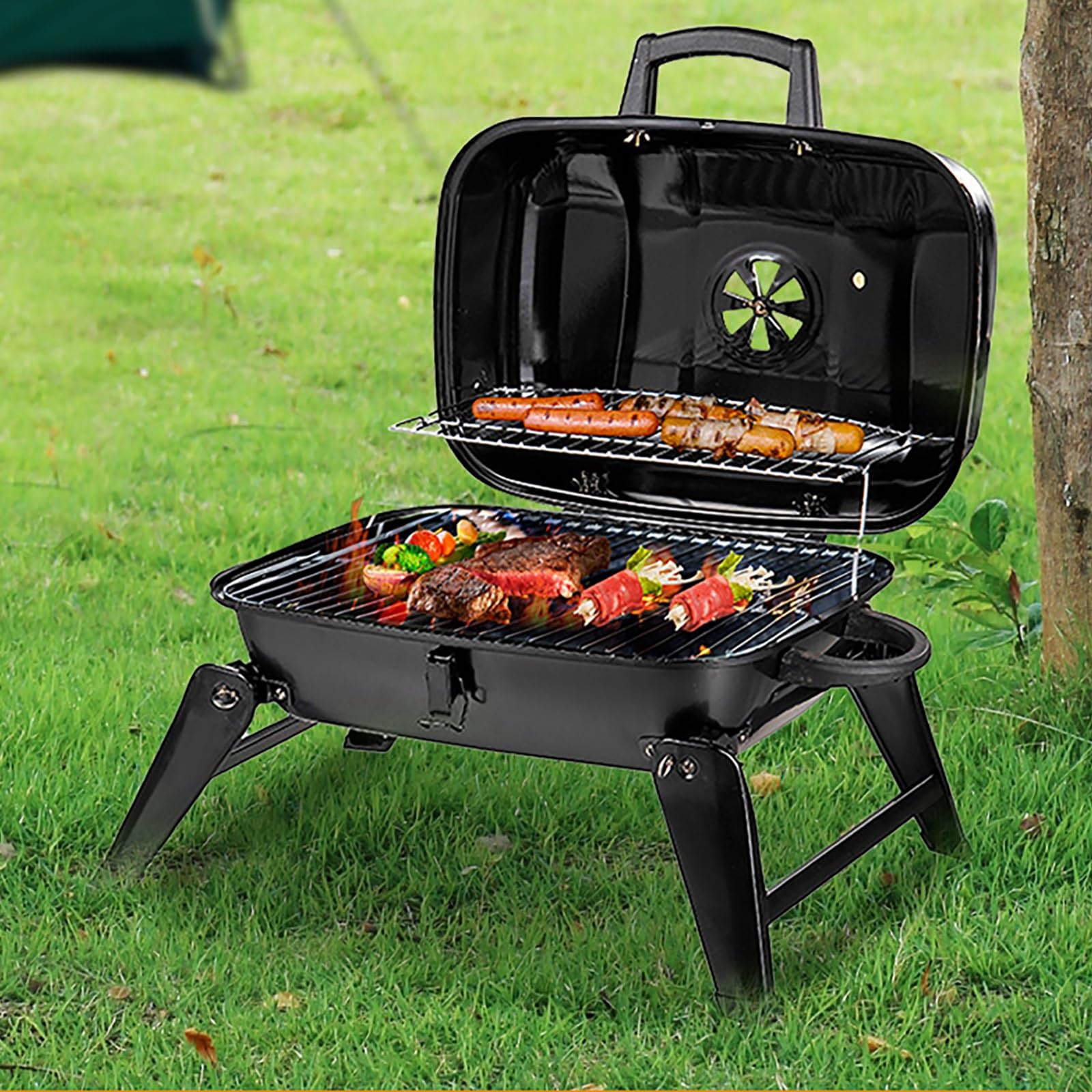 Przenośny grill na węgiel drzewny – składany i łatwy w montażu na kempingu na świeżym powietrzu, spotkań i wydarzeń