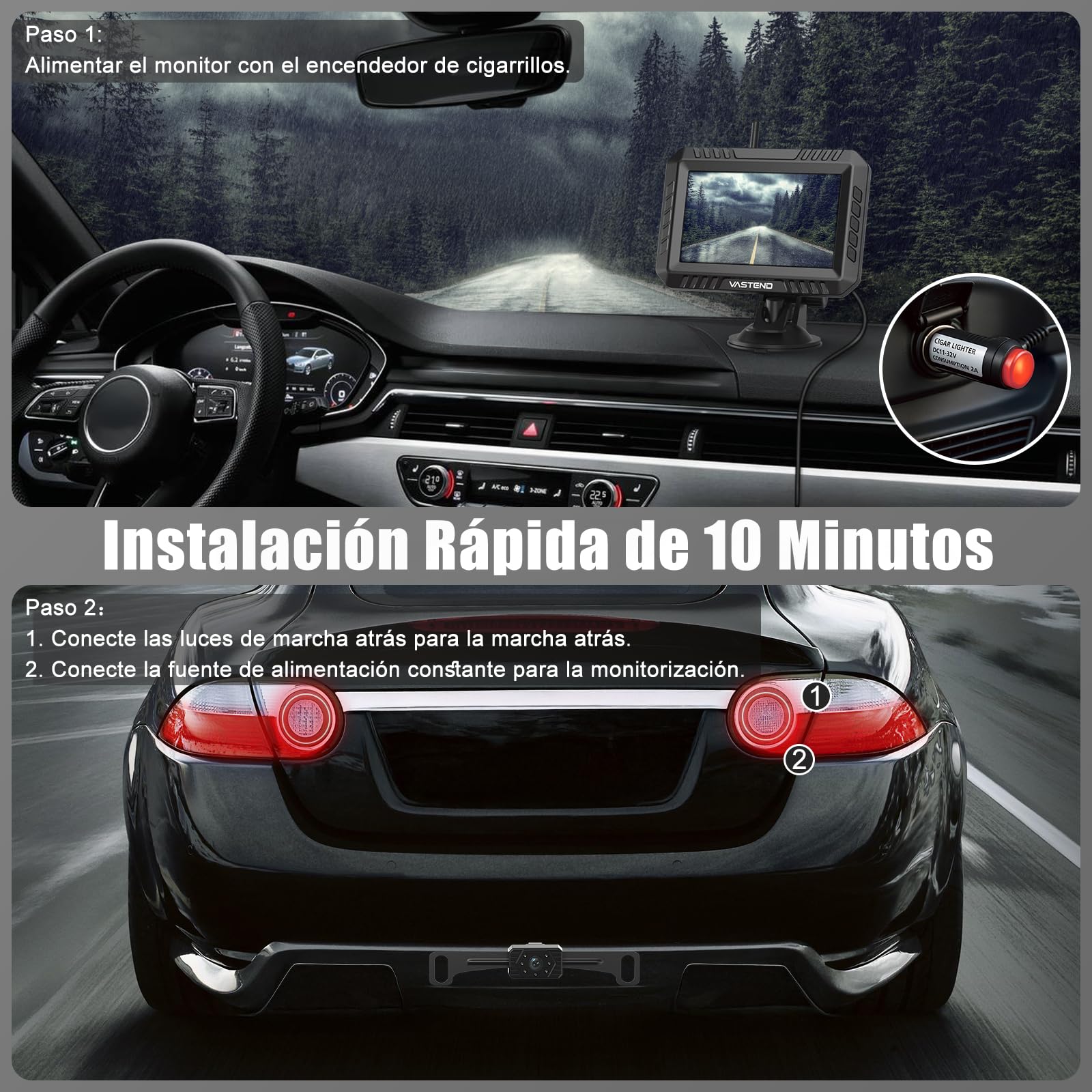 Cámara Marcha Atrás Inalámbrica 5 Pulgadas, Sistema Aparcamiento Digital 200M 1080P con Monitor, Visión Nocturna Infrarroja, IP67 Impermeable, 12V-36V para Camiones Furgonetas Caravanas(VE-5A)