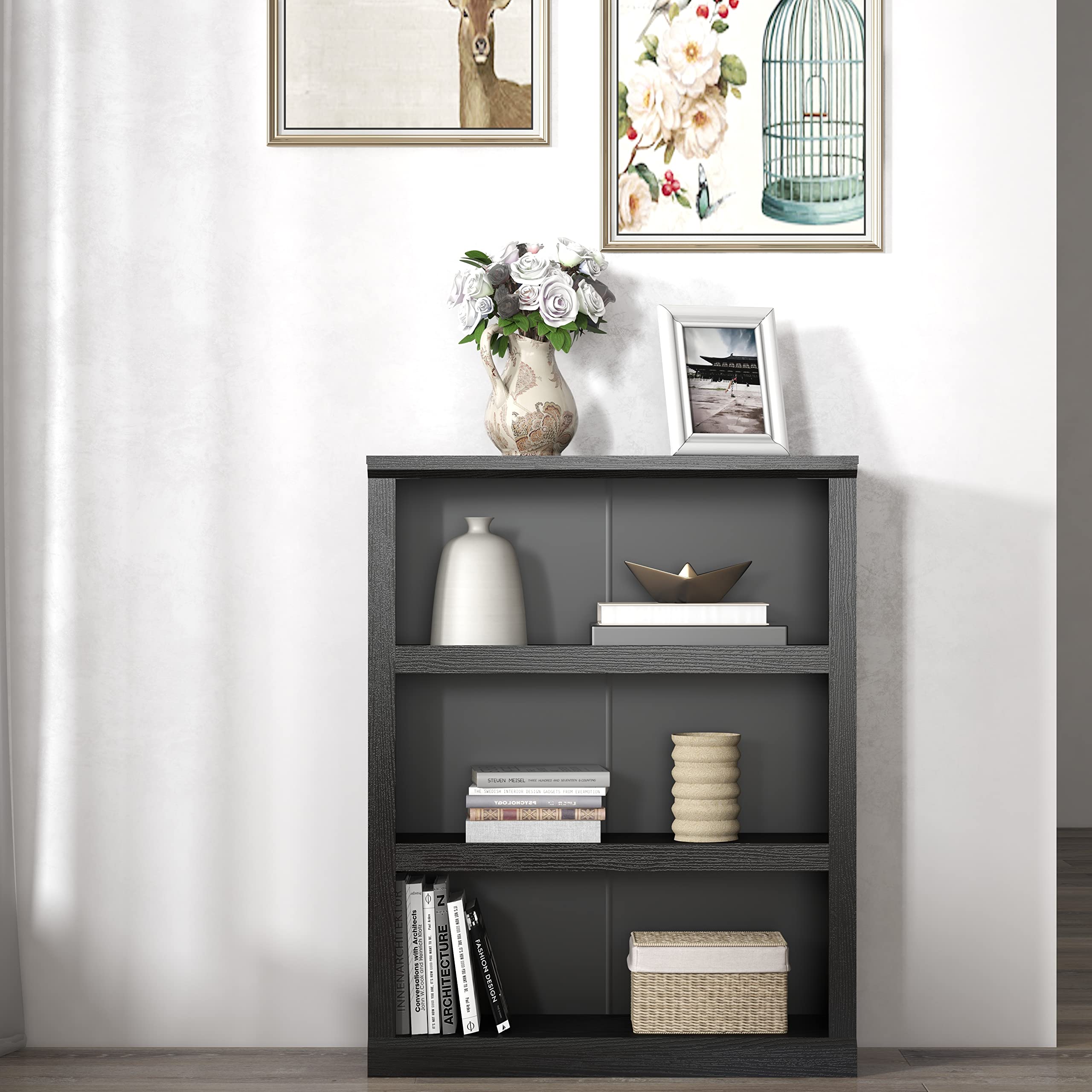 Panana Wooden Bookcase, 2/3/5 Tier Cube Shelves Adjustable Shelf Bookself Storage Organizer Display Shelf Free Standing Unit for Living Room Home Office (Black, 3-Tier)