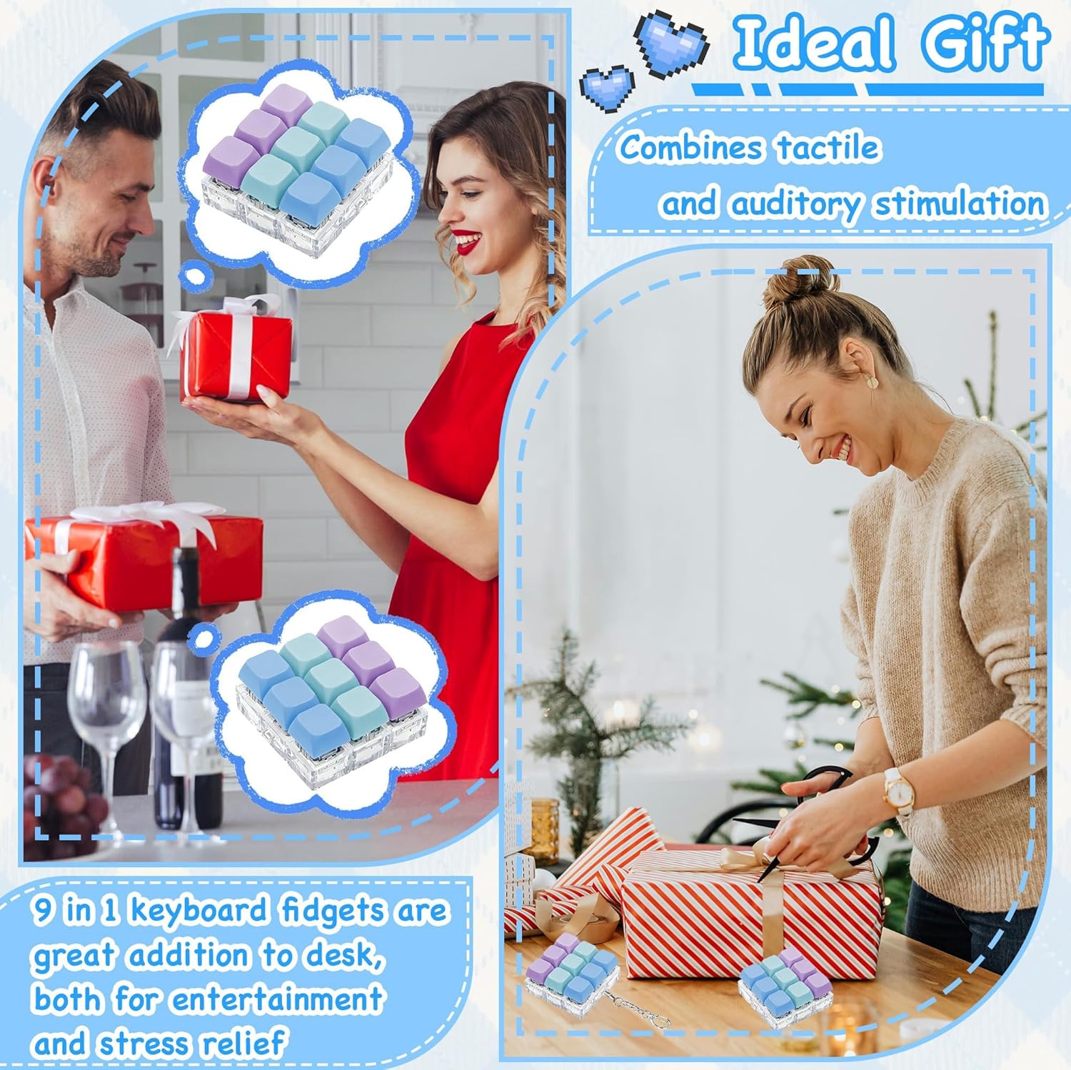 Keyboard Fidget Toy Clicker Fidget Keychain, 9-in-1 Stress Relief Desk Toys Decompression Button Keyboard with Removable Keycaps, Anxiety Relief Valentine's Day Gifts for Adult (3 Color-Blue Purple)