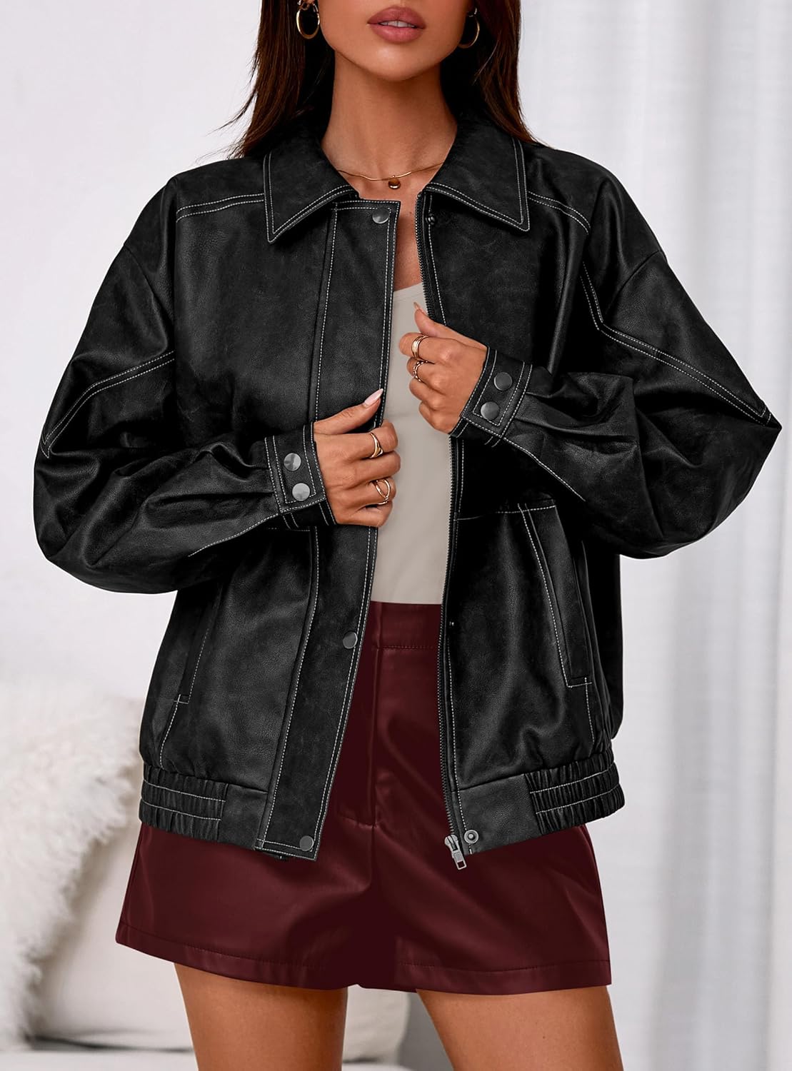 PRETTYGARDEN Faux Leather Jacket Women Bomber Motorcycle Zip Up Jackets Oversized Fall Fashion Outfits 2026 Winter Coats - Image 2