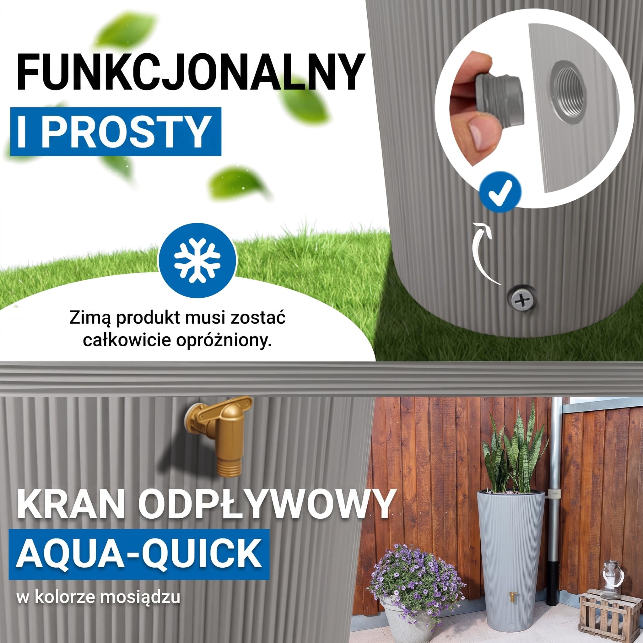 4rain VASO 2w1 DECOR zbiornik na deszczówkę 220 l, szary cynkowy | z kranem spustowym z tworzywa sztucznego i przyłączem do rury spustowej
