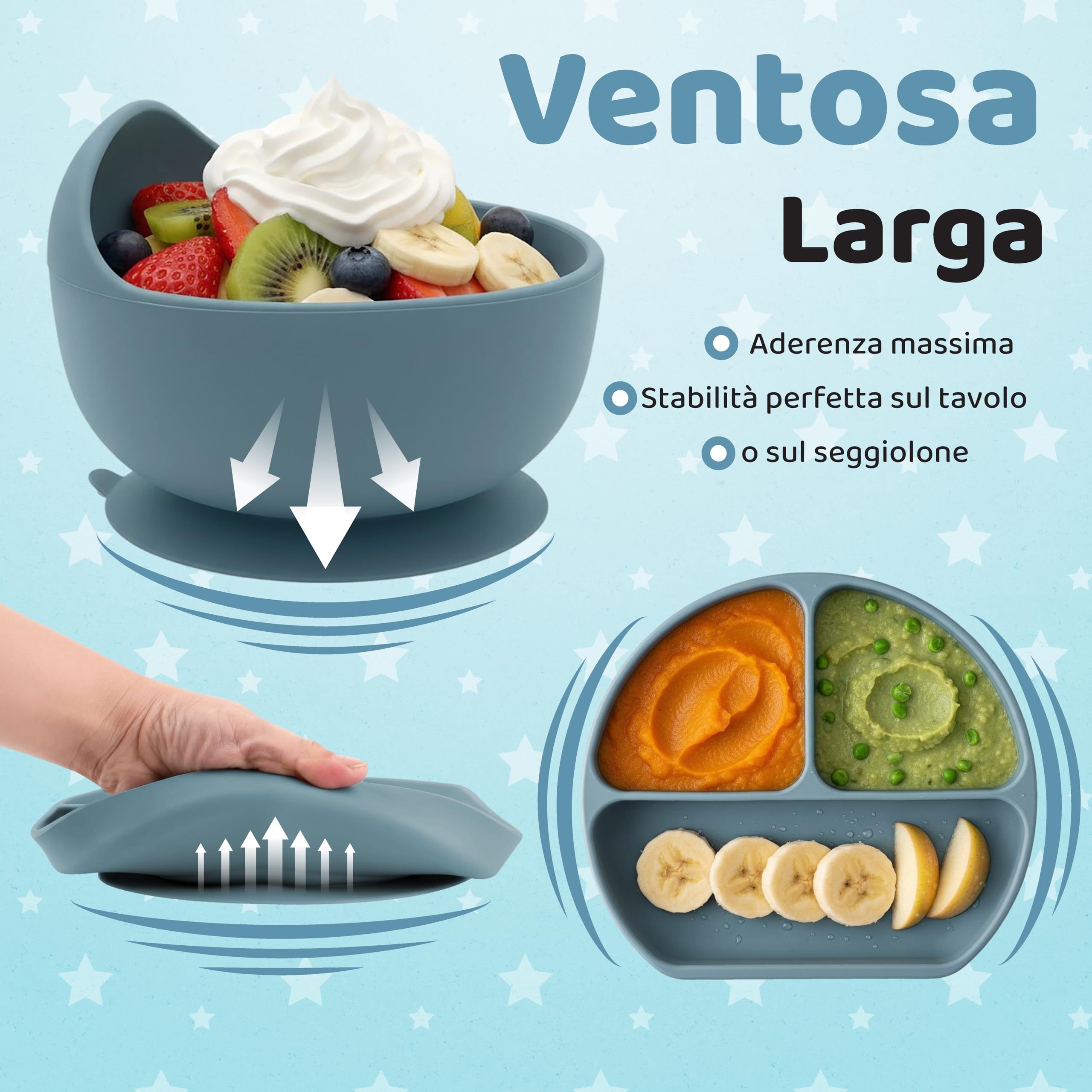 Set Pappa Svezzamento, Regalo Nascita Bimbo e Battesimo, Piatto con Ventosa in Silicone Alimentare, Senza BPA, Lavabile in Lavastoviglie, Set Neonato Completo, Idea Regalo Neonato