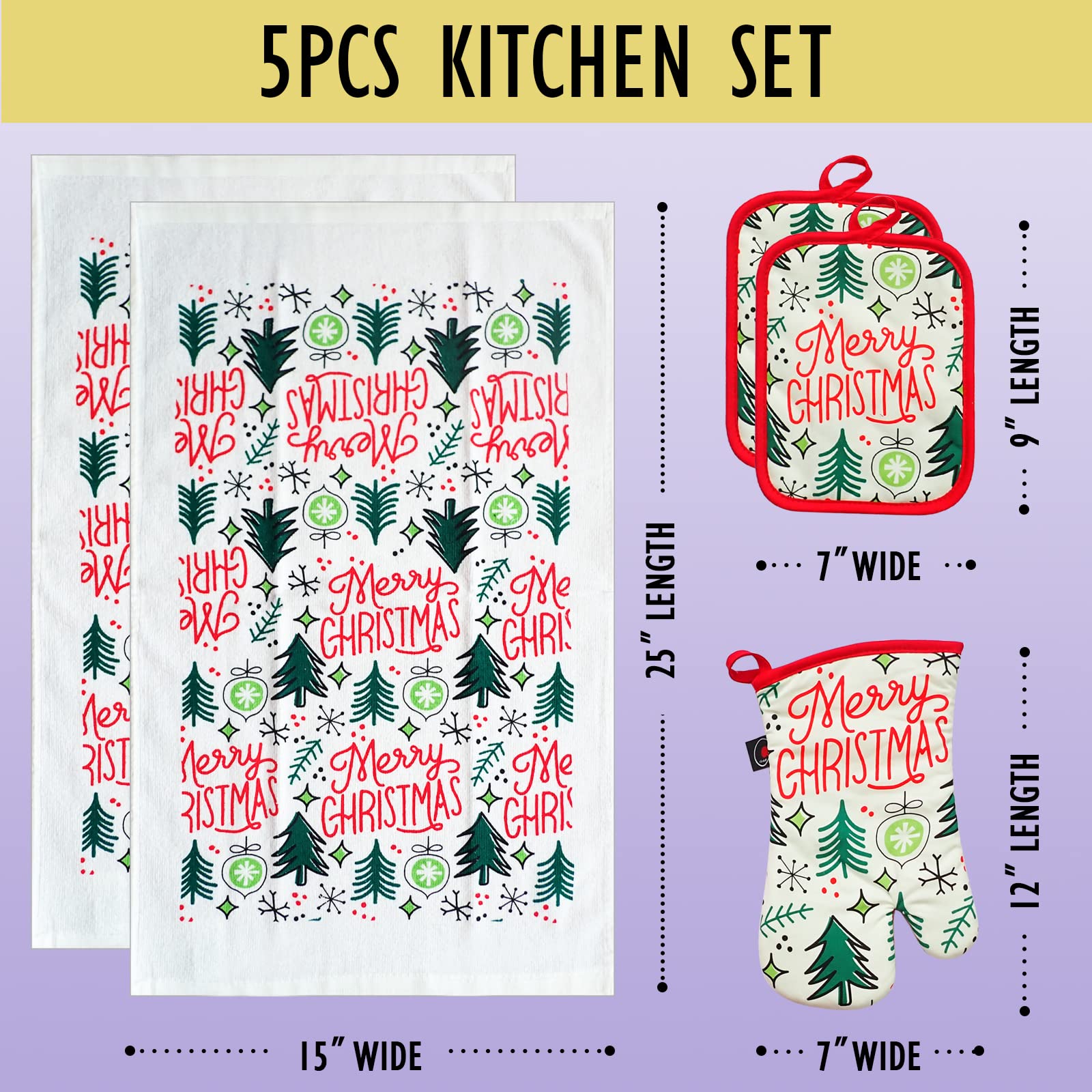 Juego de manoplas de horno y agarraderas 100% algodón perfecto para regalo, hornear y cocinar todos los días, resistente al calor para cocina (5 piezas Feliz Navidad)