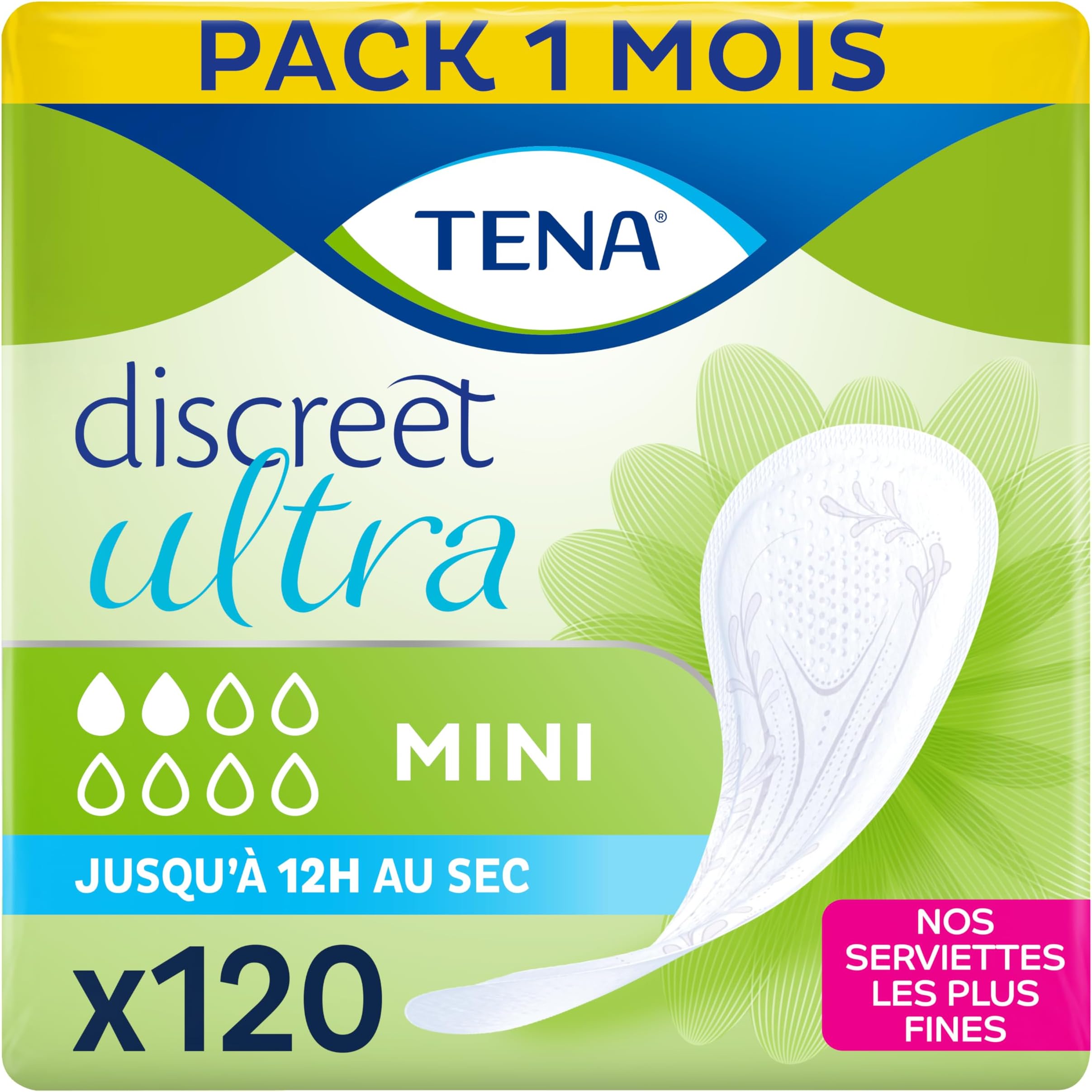 TENA Discreet Ultra Mini, Individually Wrapped, Women with Light to Medium Bladder Weakness, Incontinence and Unpredictable Drips, 120 Count (Pack of 1)