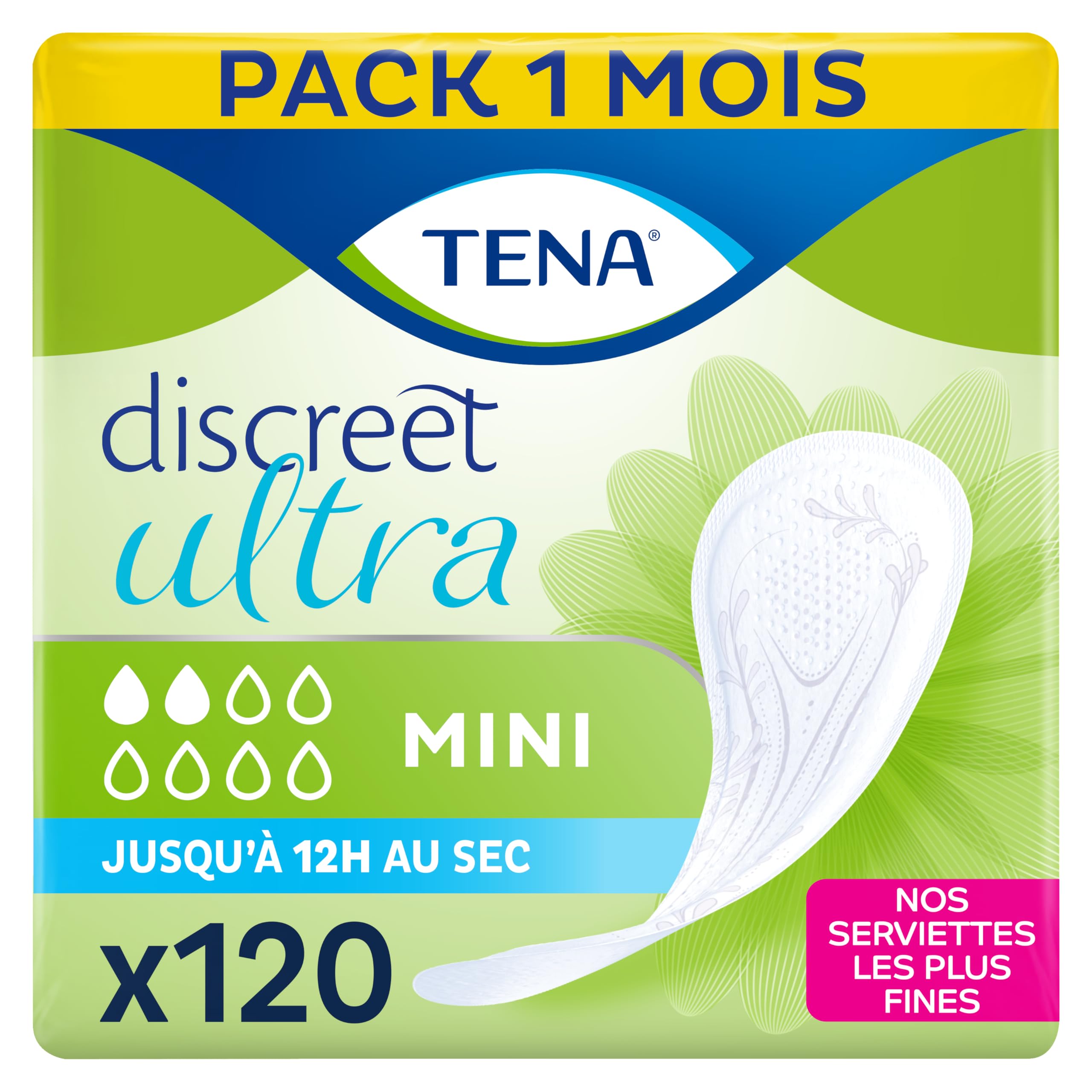 TENA Discreet Ultra Mini, Individually Wrapped, Women with Light to Medium Bladder Weakness, Incontinence and Unpredictable Drips, 120 Count (Pack of 1)