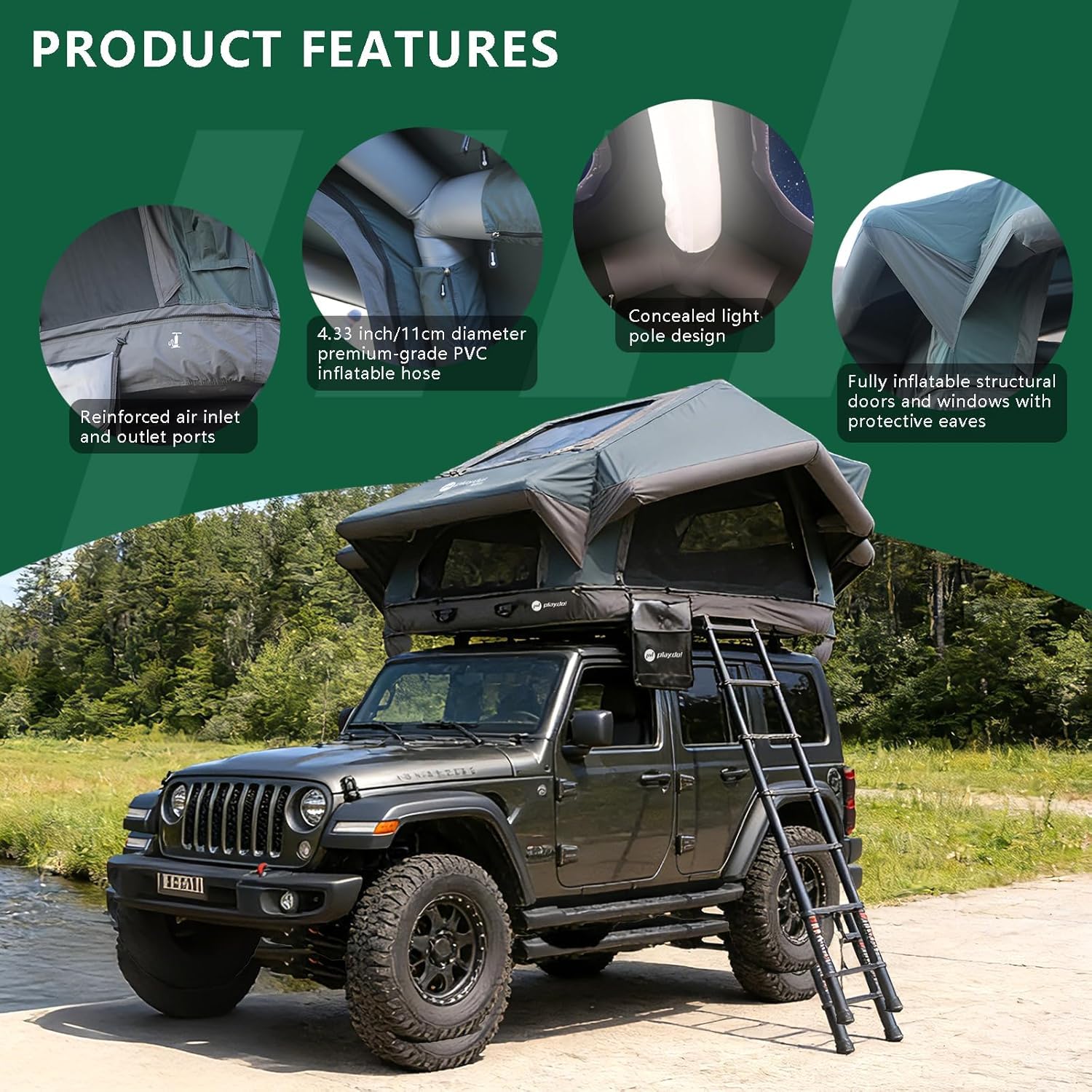 TentHome Tenda da Tetto Auto Campeggio 3-4 Posti Gonfiabile, Tenda sul Tetto Auto Facile Installazione, Tenda sopra Tetto Auto Impermeabile in Cotone Poliestere con Lucernario
