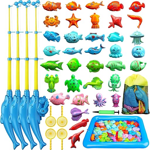 TOY Life 4-Player Magnetic Fishing Game, Bath & Pool Toy, Ages 3-5 | Inflatable pool included, 4 poles and nets, mold-free sealed pieces, 4-player play, indoor or backyard water fun