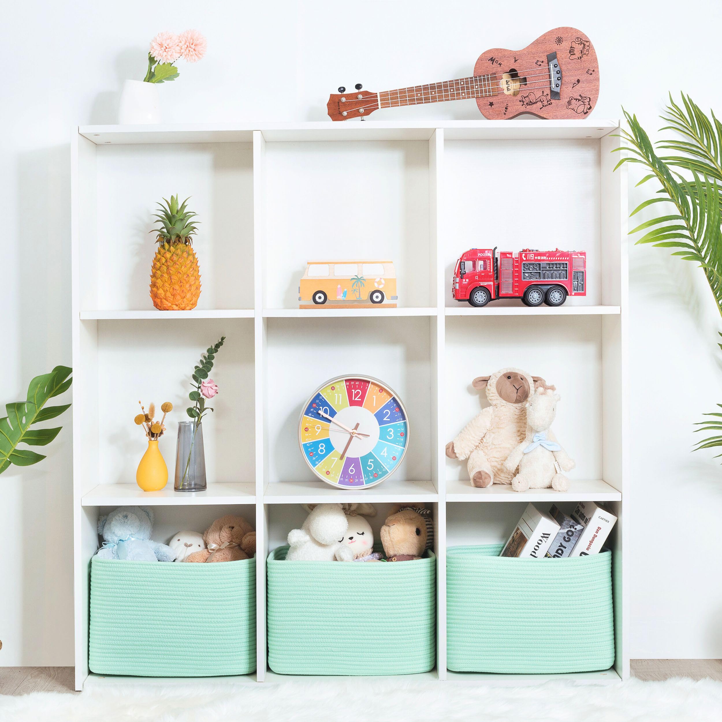 MINTWOOD Design Paquete de 3 cestas de almacenamiento para estantes, cestas decorativas para organizar, cestas tejidas para almacenamiento, cesta de libros, caja de almacenamiento de cubo, armario de