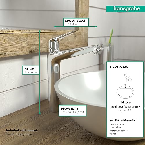 Miniatura 4 de hansgrohe Focus N Modern 71124001 - Grifo de lavabo de baño de bajo flujo con 1 manija y 12 pulgadas de alto, color cromado