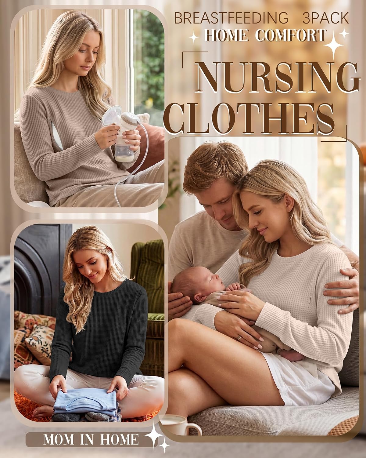 Neer 3 Pack Women's Nursing Breastfeeding Shirts | Hidden Zipper Long Sleeve Tops, Crew Neck Sweatshirts, Soft Waffle Knit Fabric, Daily Loungewear Pullovers, for Postpartum