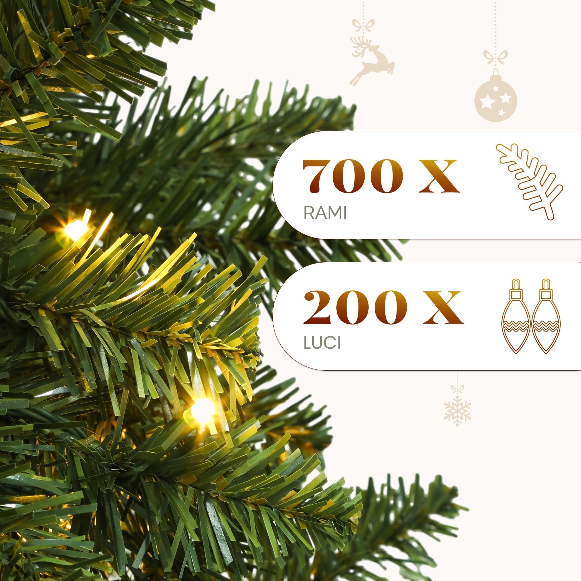 YITAHOME Albero di Natale Artificiale Sottile 182 cm con 200 Luci LED, ca. 700 Punte, Albero di Natale Realistico con Telaio Pieghevole & Supporto in Metallo, 182 x Φ65 cm