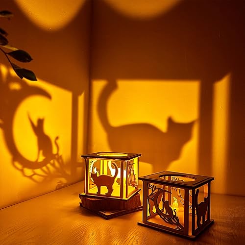 Portavelas pequeños de madera con diseño de gato en la luna, farol rústico de Ramadán, luces decorativas para interiores para casa de campo, cocina,