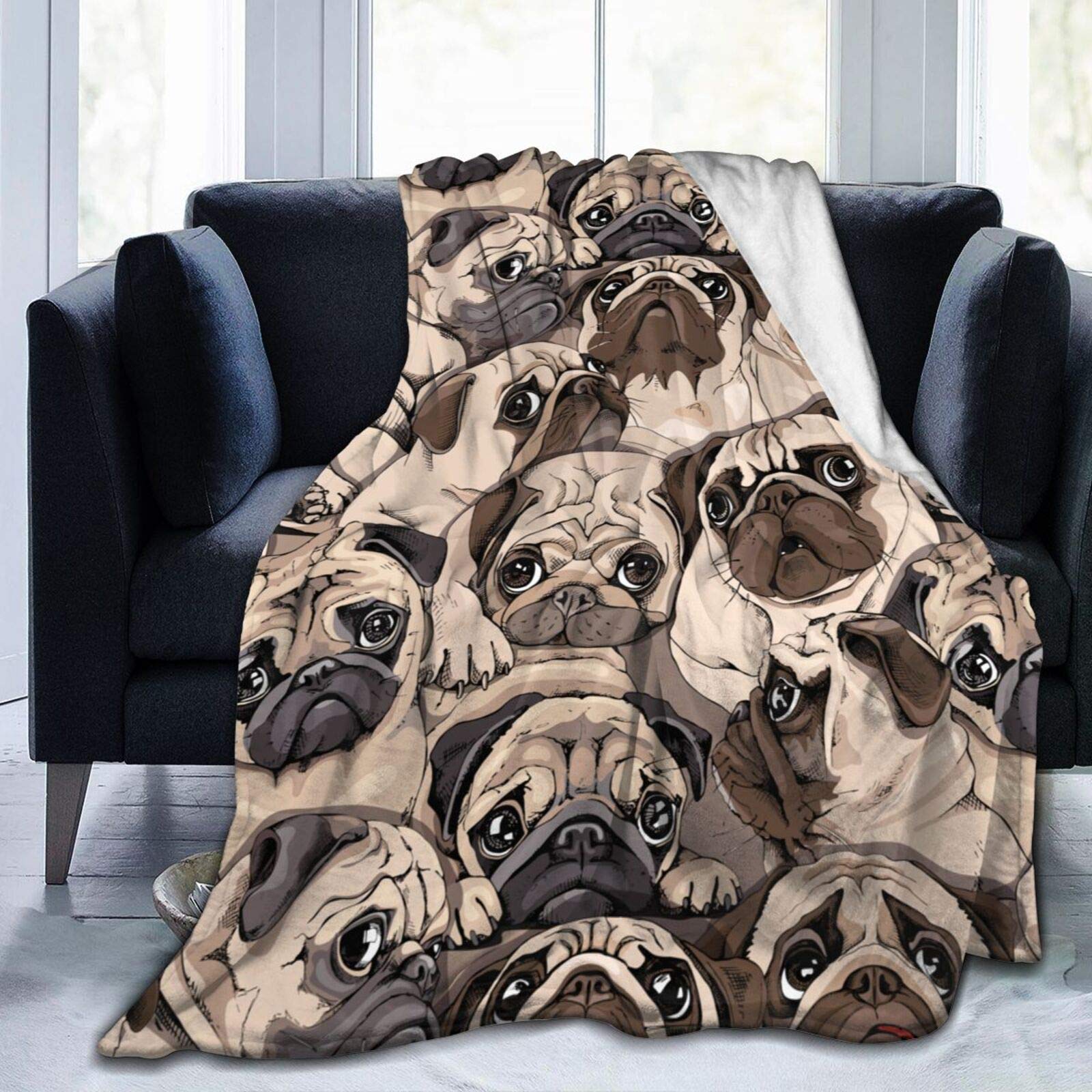 Yaateeh Multicolor Puppies Pug Dog Soft Throw Blanket All Season Microplush Warm Blankets Lightweight Tufted Fuzzy Flannel Fleece Throws Blanket For Bed Sofa Couch 50"X40"