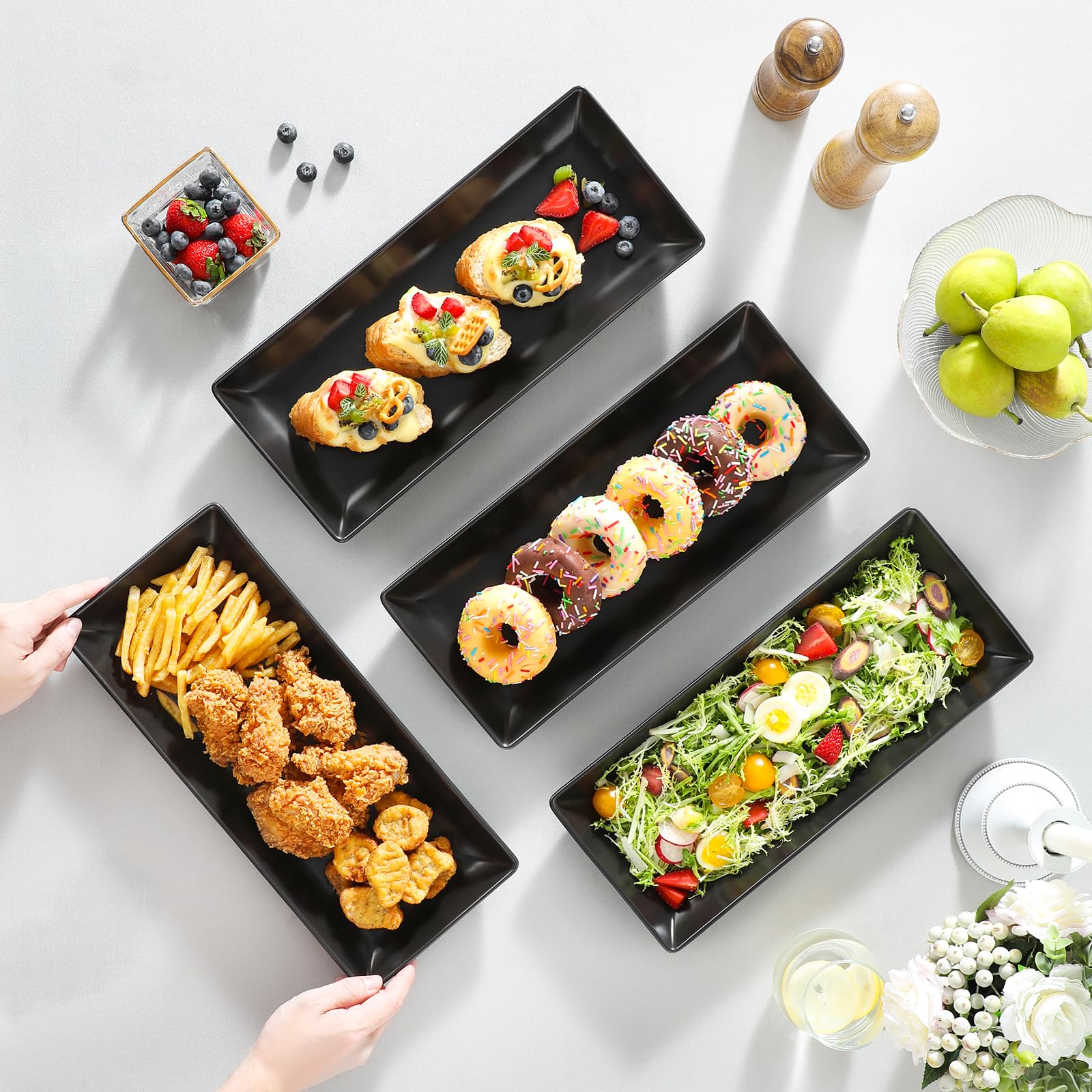 MALACASA Piatti da Portata in Porcellana 36 x 15,3 x 3,6 cm, Set di 4 Pezzi, Piatti da Portata Rettangolari Grandi per Buffet, Sushi, Torte, Antipasti a Casa, Feste o al Ristorante, Nero Opaco