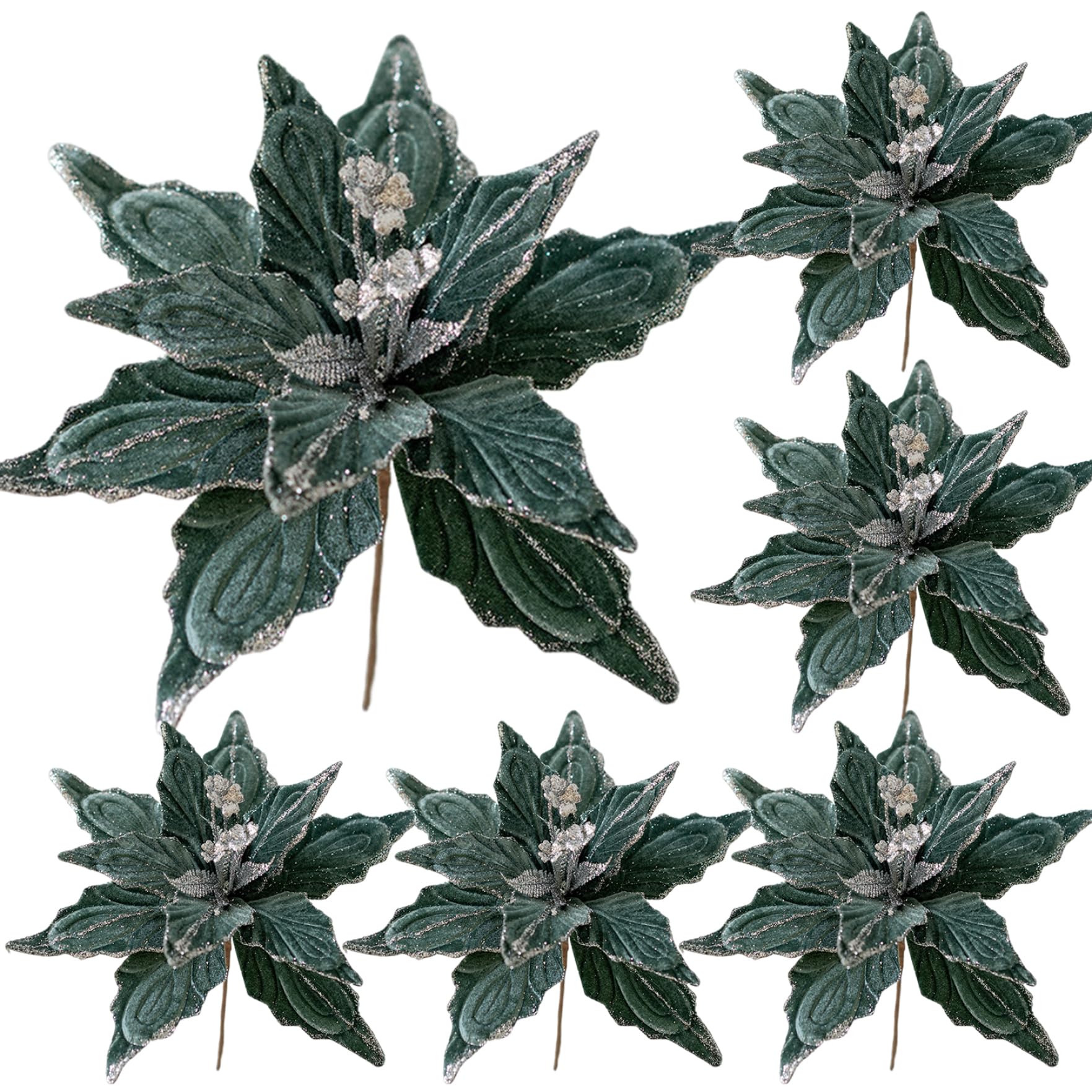 6 Flores de Pascua Artificiales Verdes de 11 Pulgadas con Purpurina para Navidad
