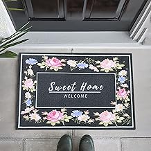 W&M Welcome Door Mat Waterproof Entrance Doormat Indoor and Outdoor Washable Entry Rug with Non Slip Rubber Backing Low Profile Floor Mat Easy Clean-Welcome Garden Design-Black/Beige (36"X24", Black)
