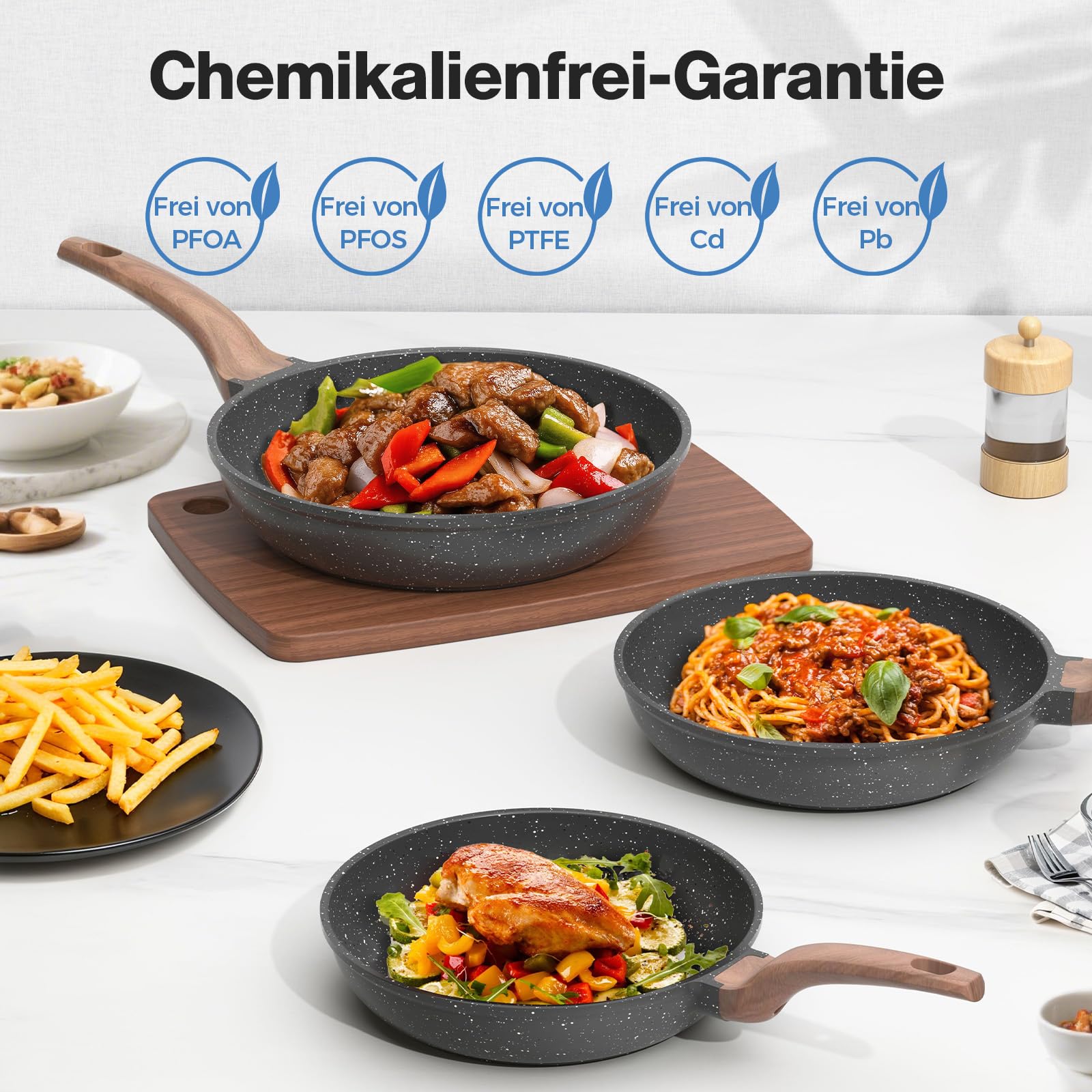 YASHE Antihaft-Bratpfannen-Set, 3-teilig mit 20/24/28 cm Granit-Pfannen, induktionsgeeignet, gesunde und langlebige Pfannen für Omeletts & Alltag, Kochen, Grau