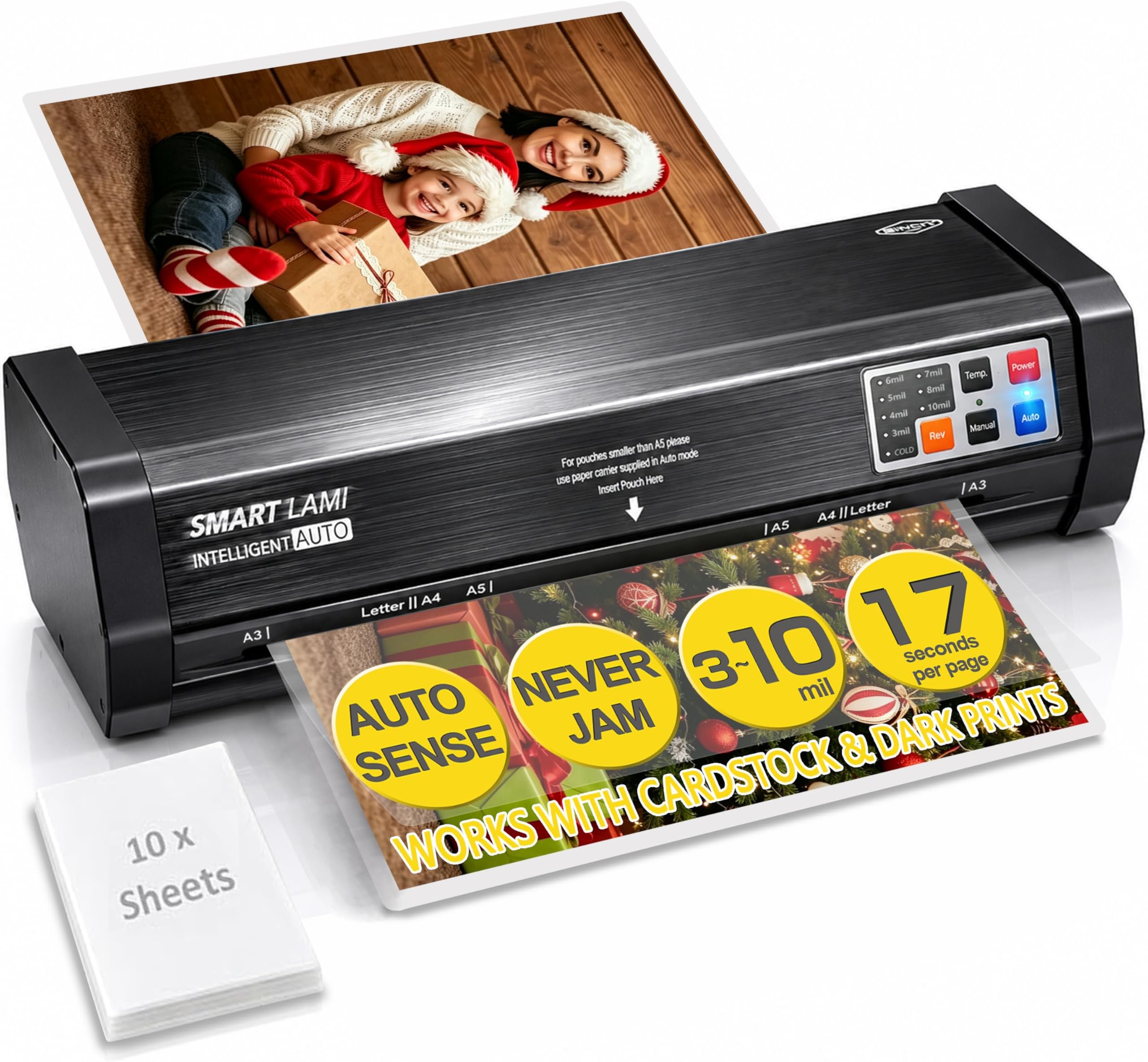 SINCHI Auto Sense 13" Heavy-Duty Laminator for Business & School, 3–10 Mil, 50s Warm-Up, 17s/Sheet, Works with Cardstock & Dark Prints, Never-Jam, Laminates 11x17, Includes 10 Sheets