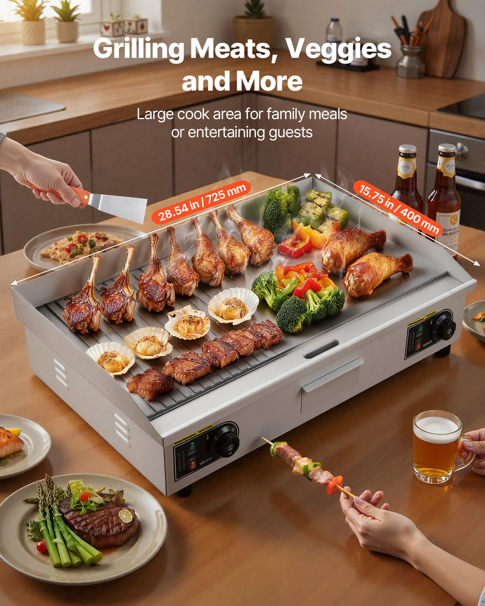 VEVOR Plancha Électrique 72,5x40 cm, Plaque à Snacker 4400 W, pour Barbecue Restaurant Snack-Bar, Plaque de Cuisson de Comptoir en Inox, Température Réglable 50-300 °C, Surface Mi-rainurée Mi-plate