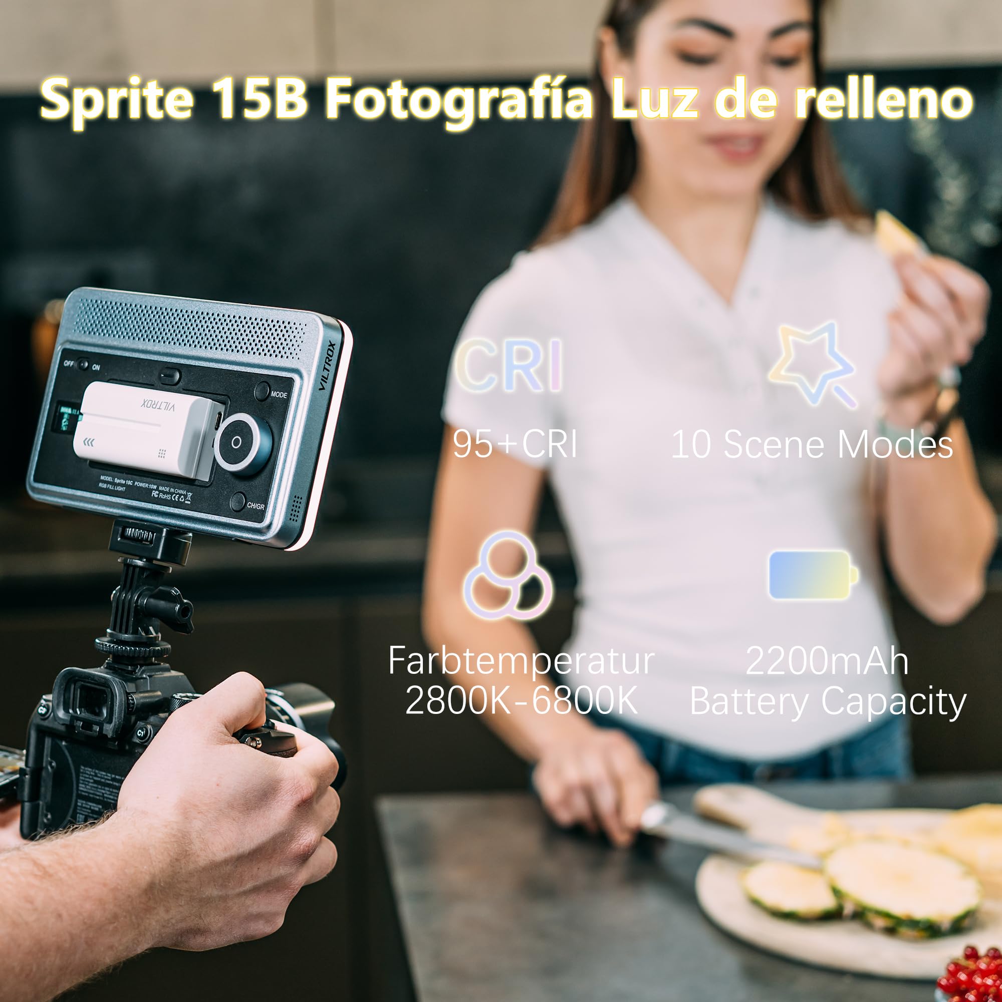 VILTROX Panel LED de 18 W 2800 K-6800 K CRI 95+ en la cámara, luz de video LED de control de smartphone de 1800 lúmenes, lámpara de relleno de fotografía regulable, 10 efectos de iluminación para