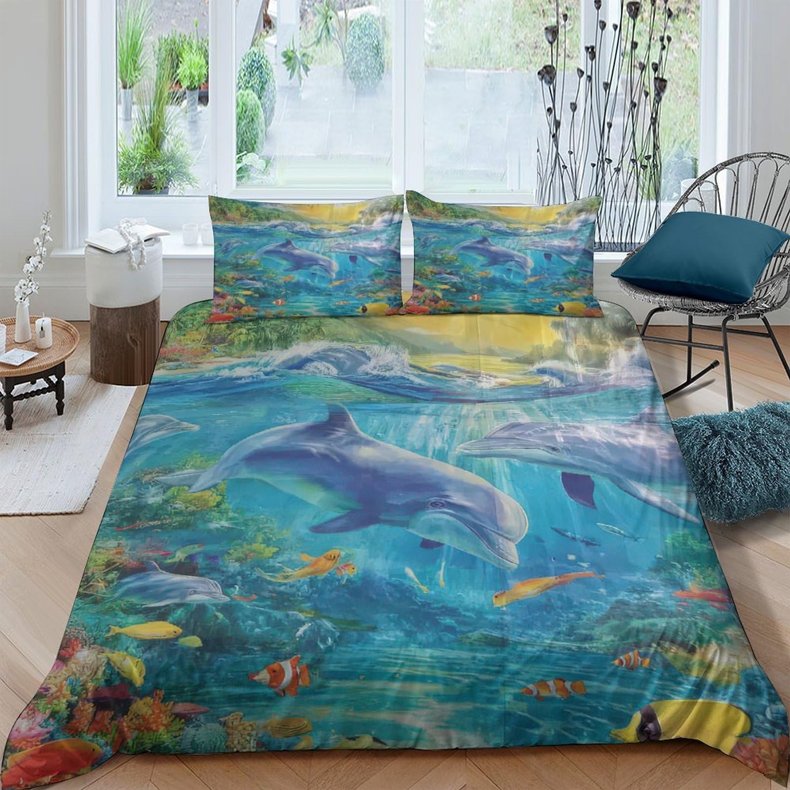 GPLZQXKJNH 3D Printed Ocean Dolphin Duvet Cover Microfiber Soft Breathable Underwater Fish Bedding Set with 2 Pillowcases for Bedroom Decor Single（135x200cm）