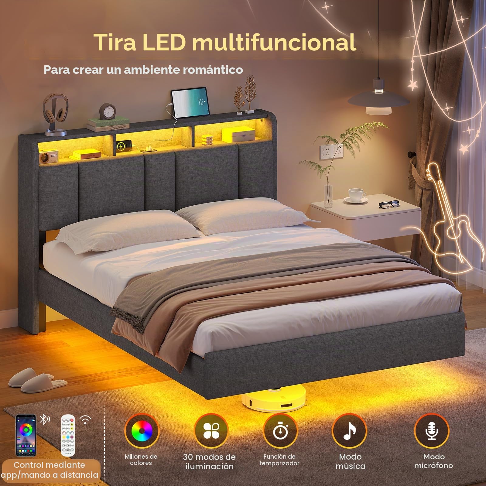 AOGLLATI Cama Matrimonio 140 x 200 cm con LED y Estación de Carga, Estructura Cama con Efecto Visual Levitante, Cama Tapizada con Cabecero y Espacio de Almacenamiento, Metal y Madera, Gris Oscuro