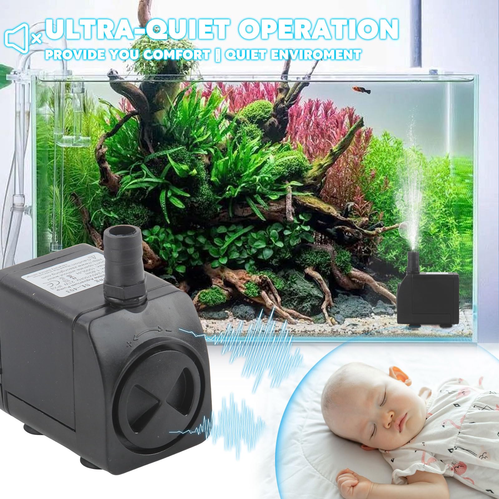 Discoball Submersible Water Pump 21W 260GPH 1000L/H Ultra-Quiet Mini Fountain Water Pump with 2 Nozzles Replacement Pump for Pet Fountain Aquarium Fish Tank Pool Garden Features Statuary Hydroponics - Image 2