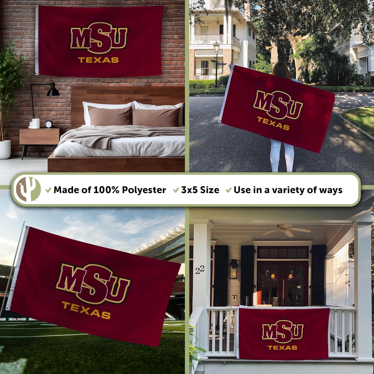 Desert Cactus Midwestern State University MSU Flag - 3 x 5 Feet Mustangs Banner, Indoor/Outdoor Durable Fabric, 100% Polyester Design (Style 1)